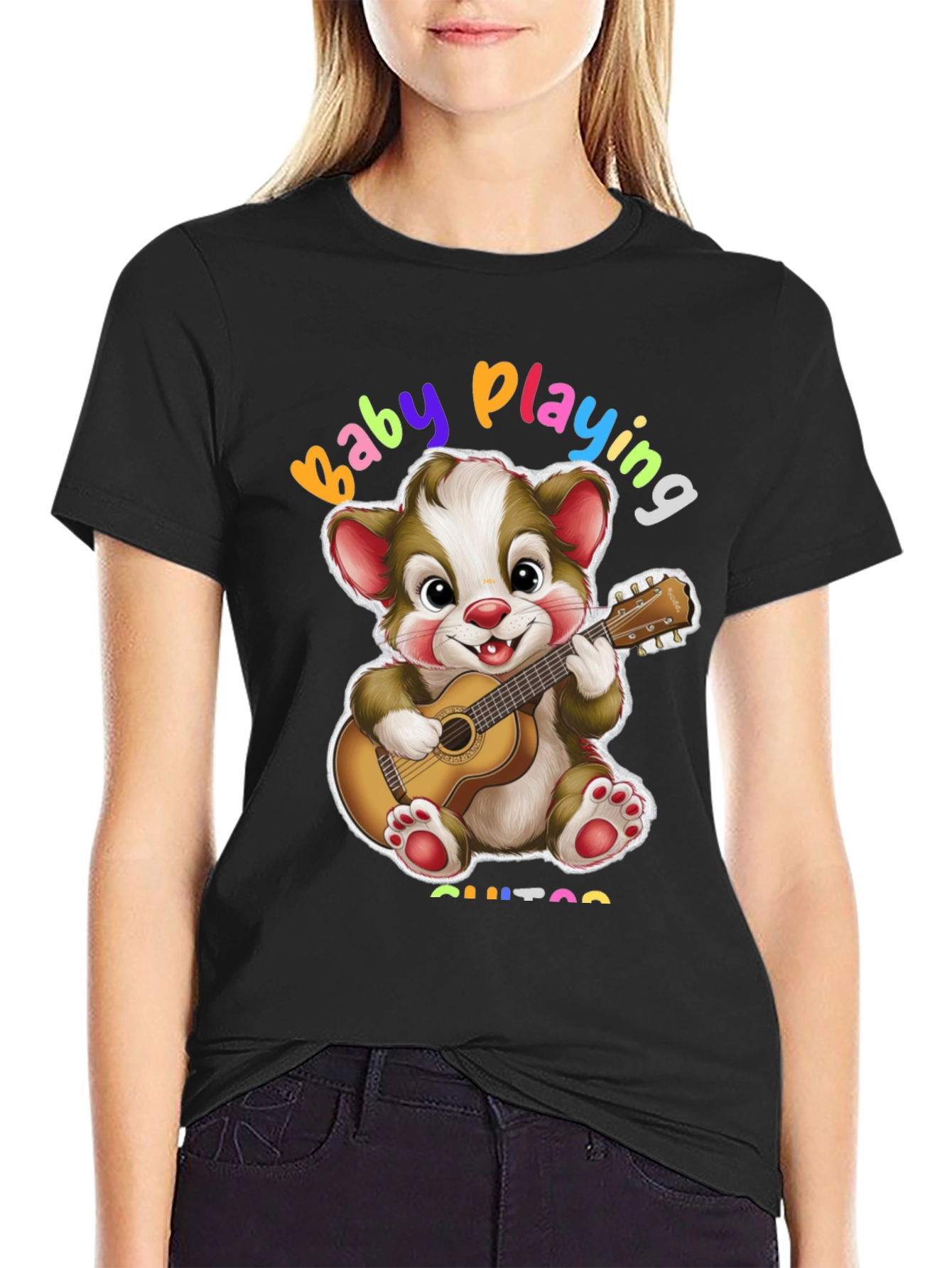 Camiseta Negra con Diseño de Oso Guitarrista