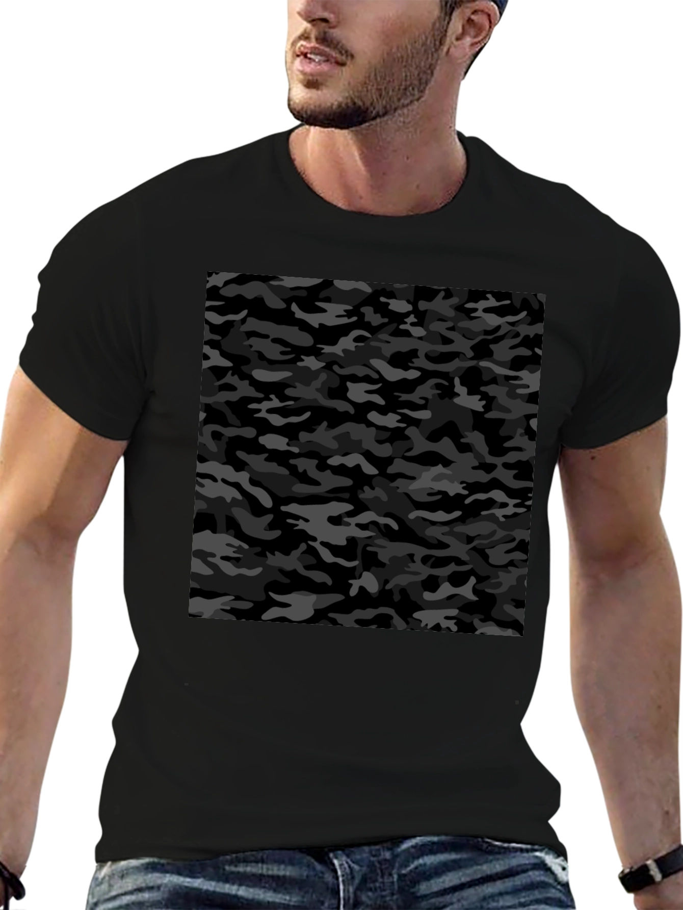 Camiseta Negra Hombre Estampado Camuflaje Urbano