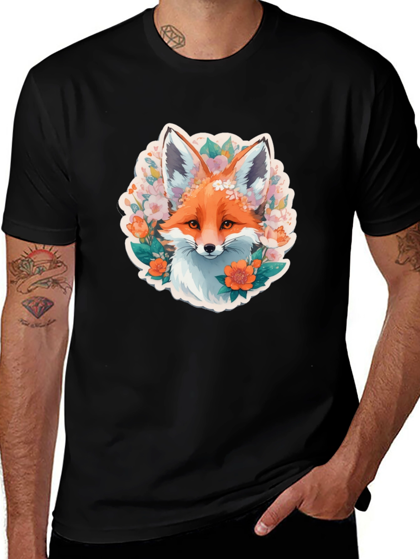 Camiseta Negra con Diseño de Zorro Floral