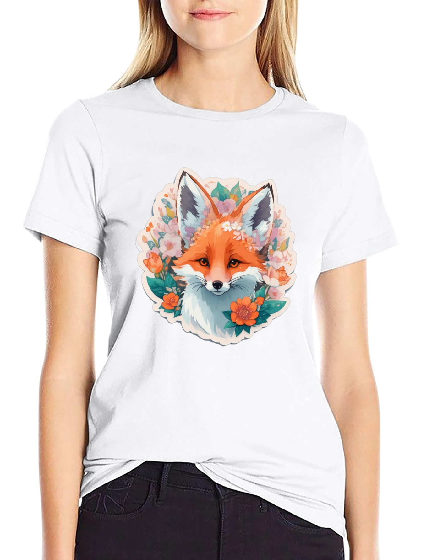 Camiseta Negra con Diseño de Zorro Floral