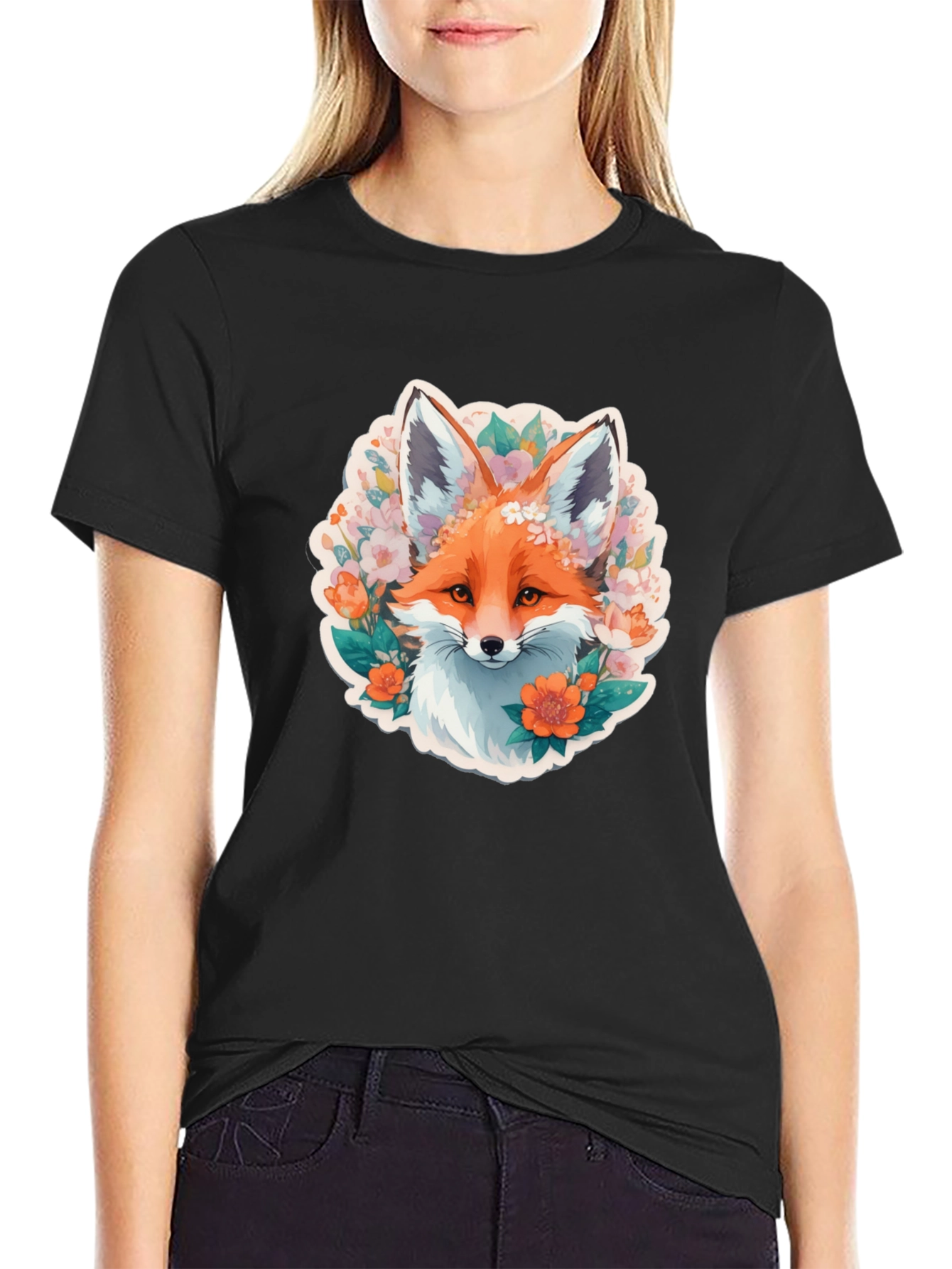 Camiseta Negra con Diseño de Zorro Floral