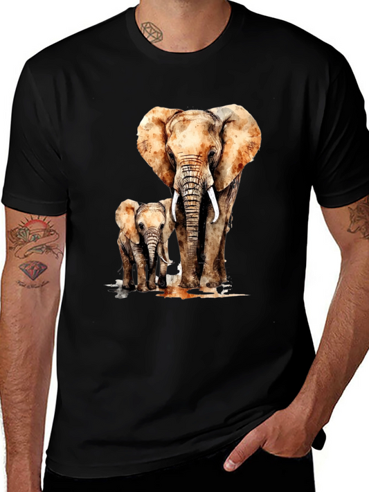 Camiseta Negra con Estampado de Elefante y Elefantito