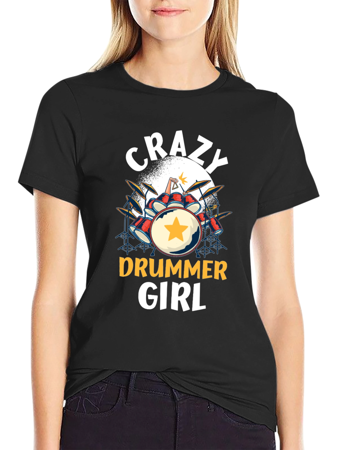 Camiseta Negra Crazy Drummer Girl