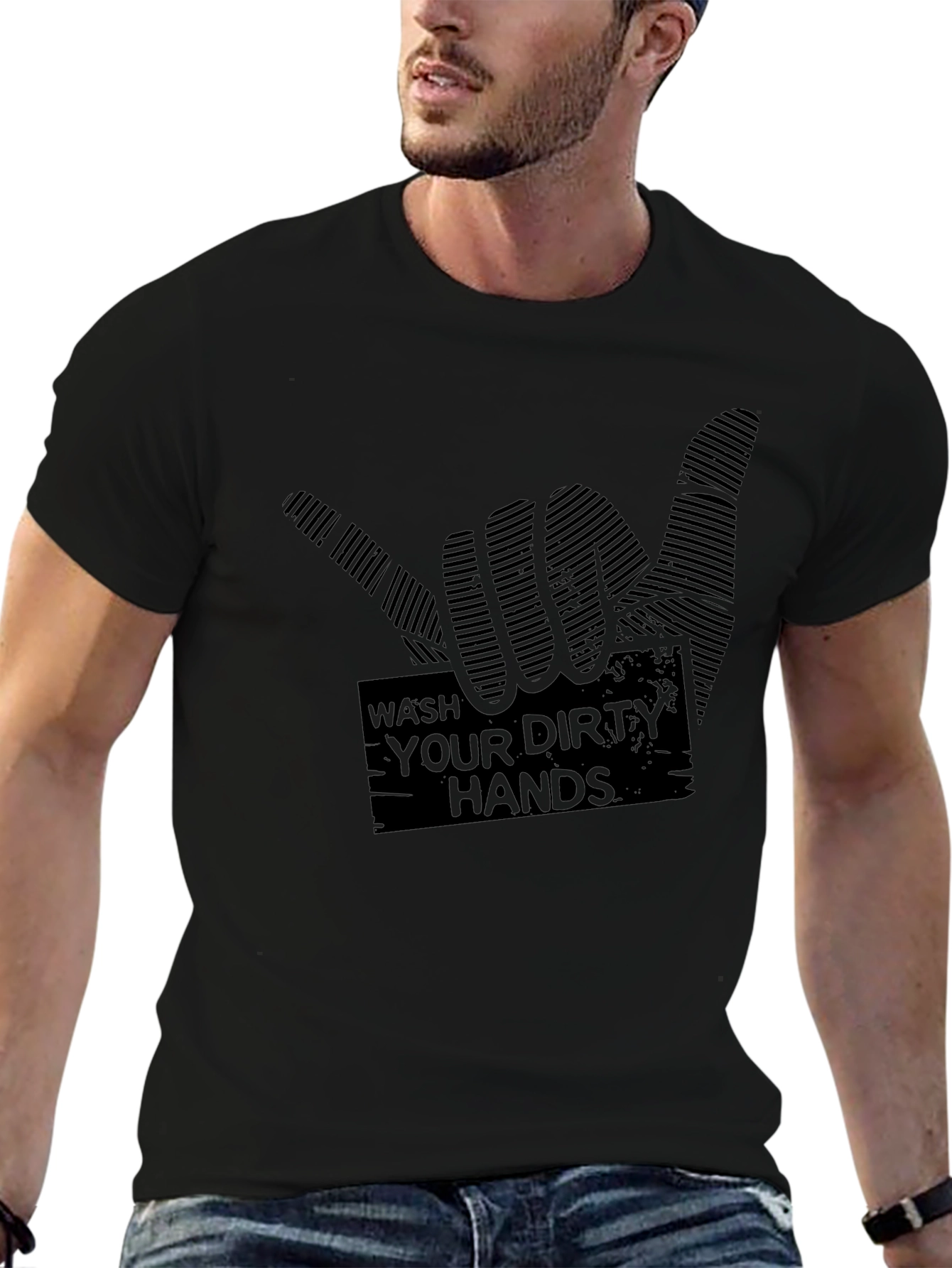 Camiseta Negra con Diseño Lava tus manos sucias