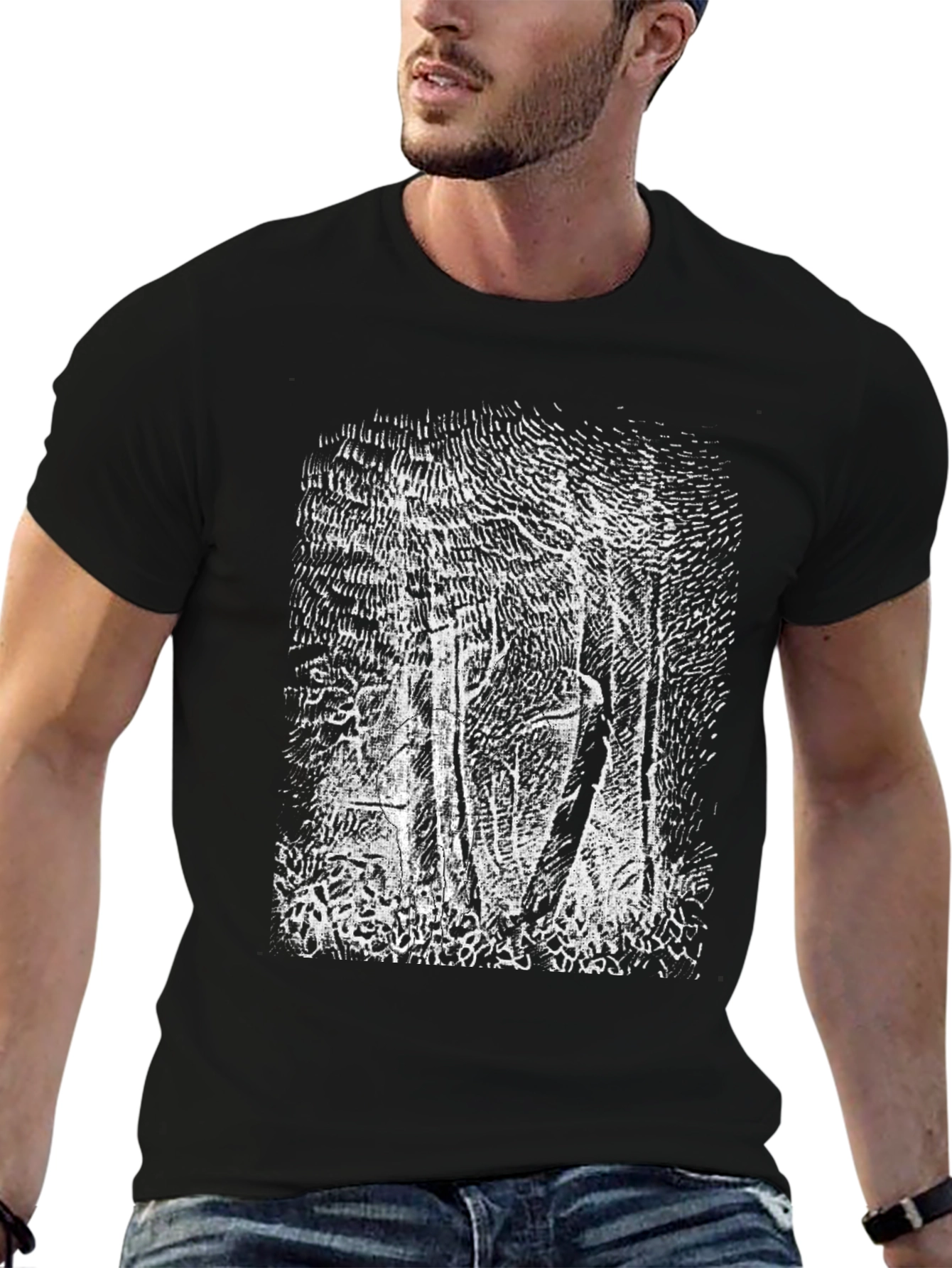 Camiseta Negra con Diseño Bosque Abstracto