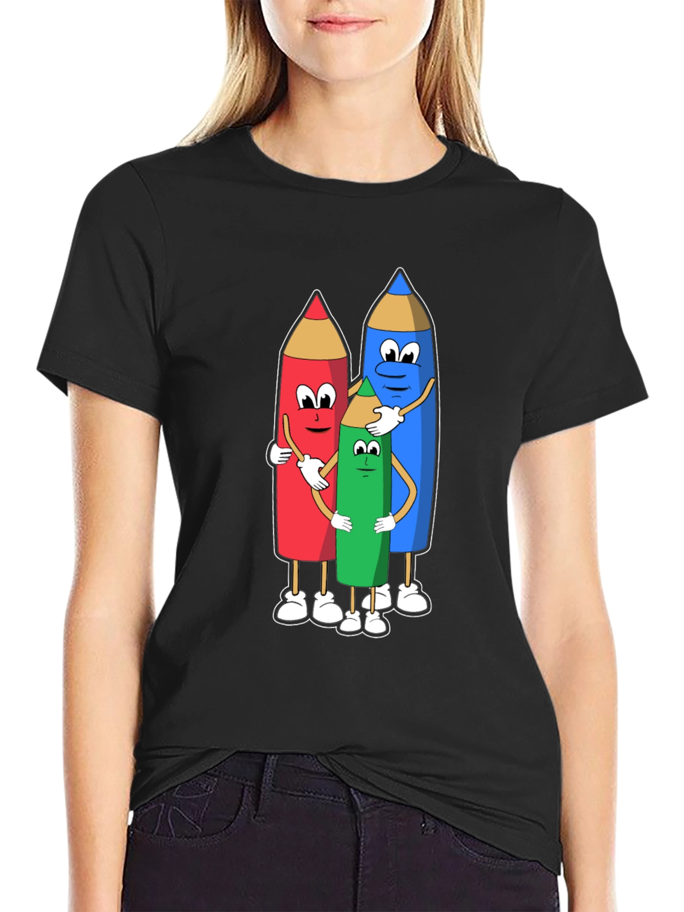 Camiseta Negra con Diseño de Lápices Abrazándose