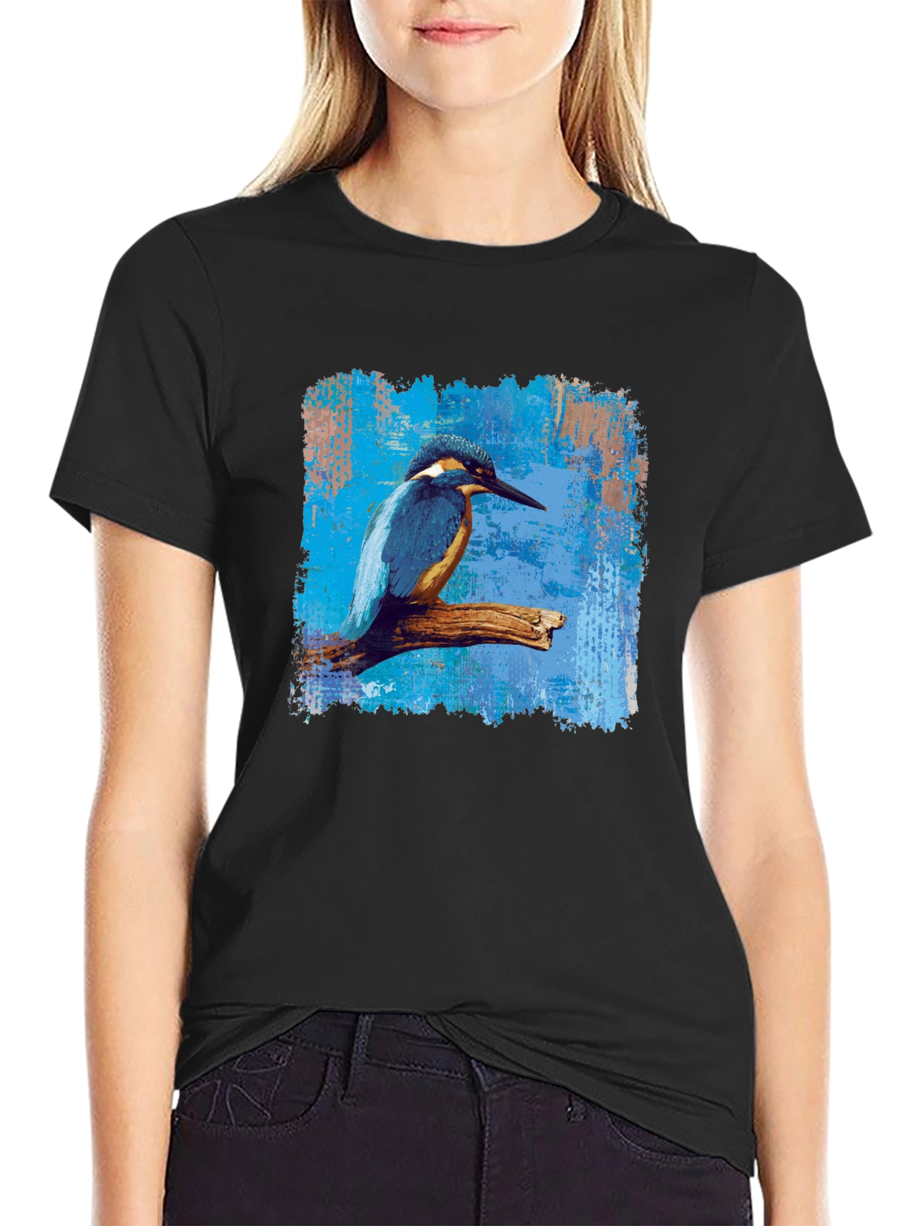 Camiseta Negra con Diseño de Martín Pescador