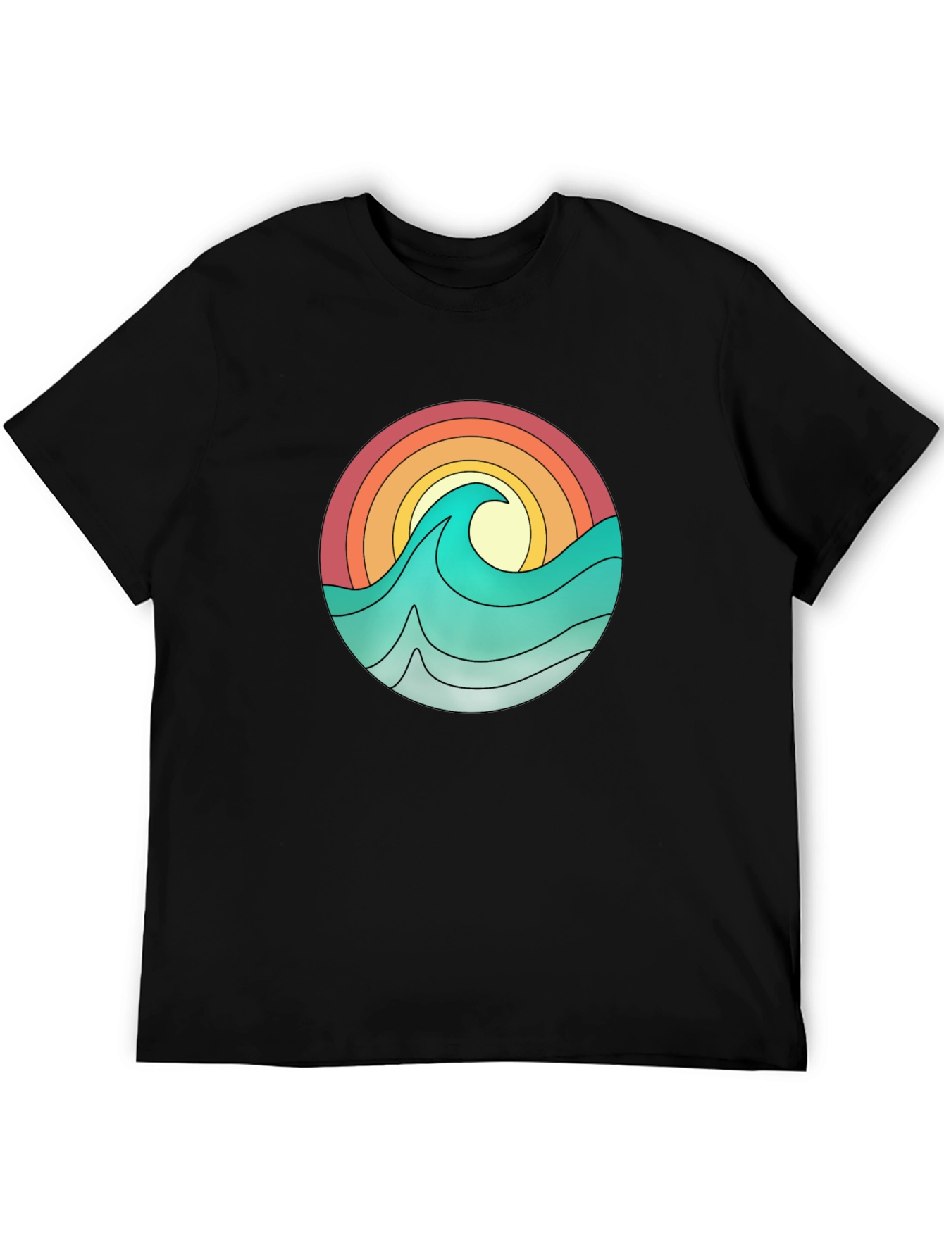 Camiseta Negra con Diseño Olas y Sol