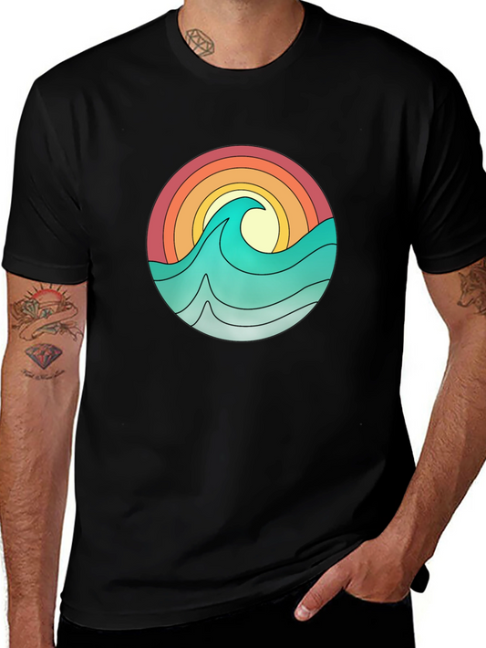Camiseta Negra con Diseño Olas y Sol