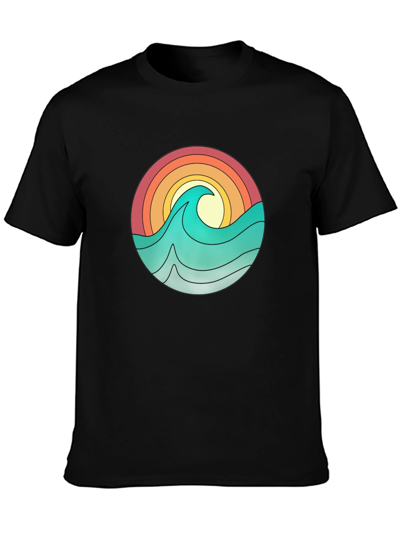 Camiseta Negra con Diseño Olas y Sol