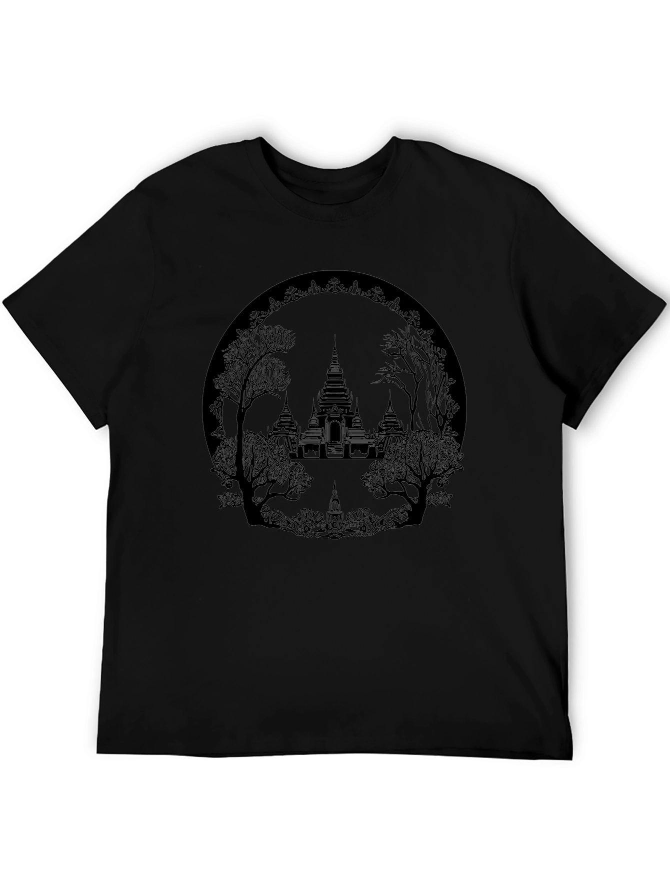 Camiseta Negra con Diseño de Templo Asiático