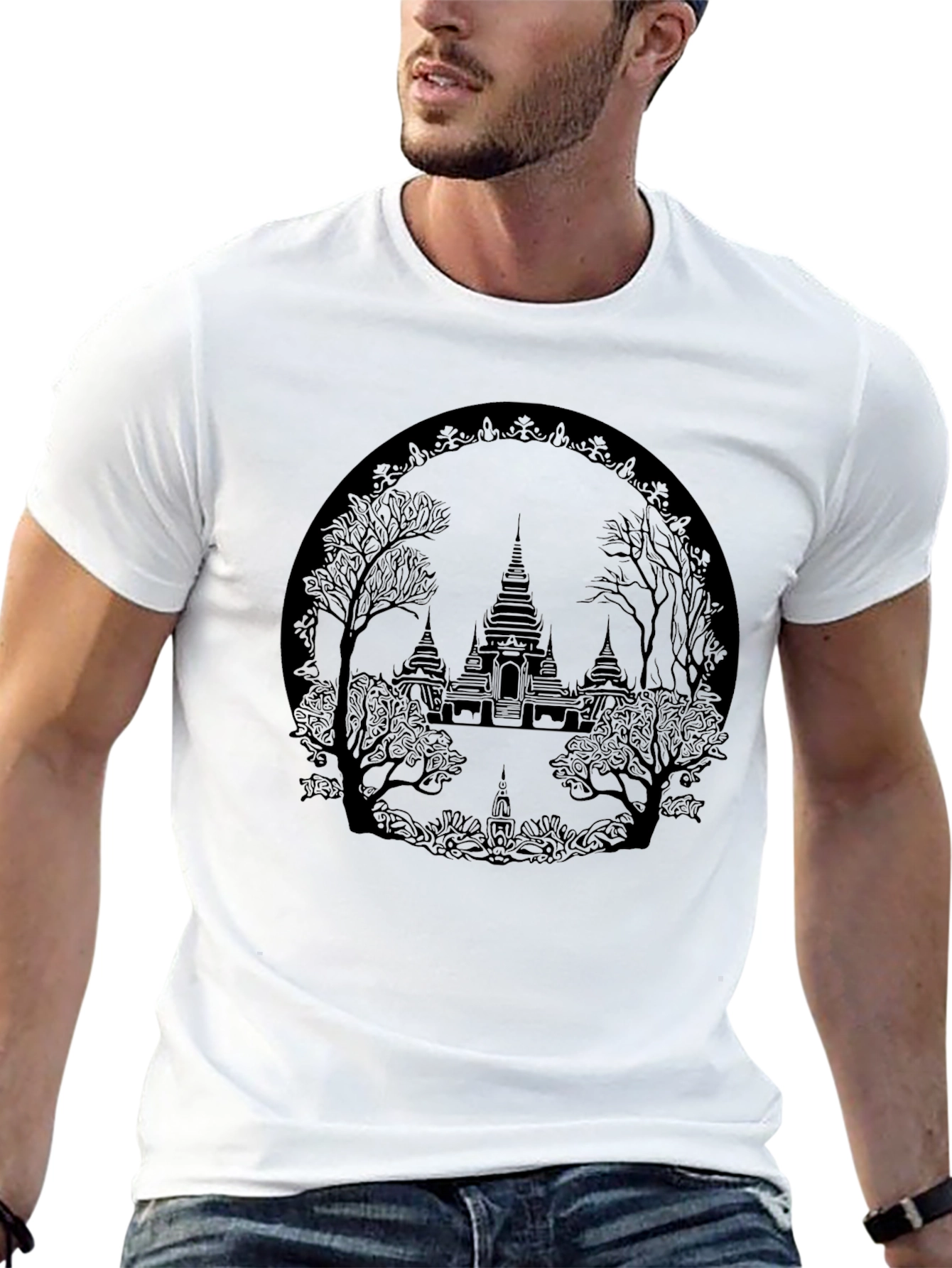 Camiseta Negra con Diseño de Templo Asiático
