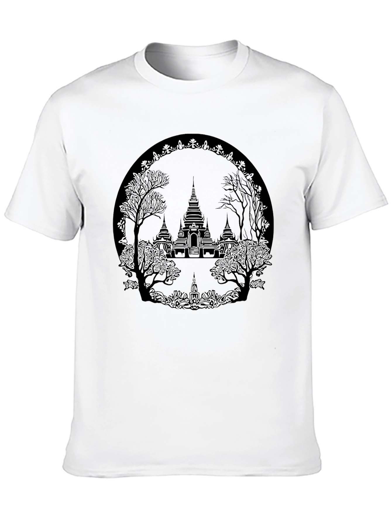 Camiseta Negra con Diseño de Templo Asiático