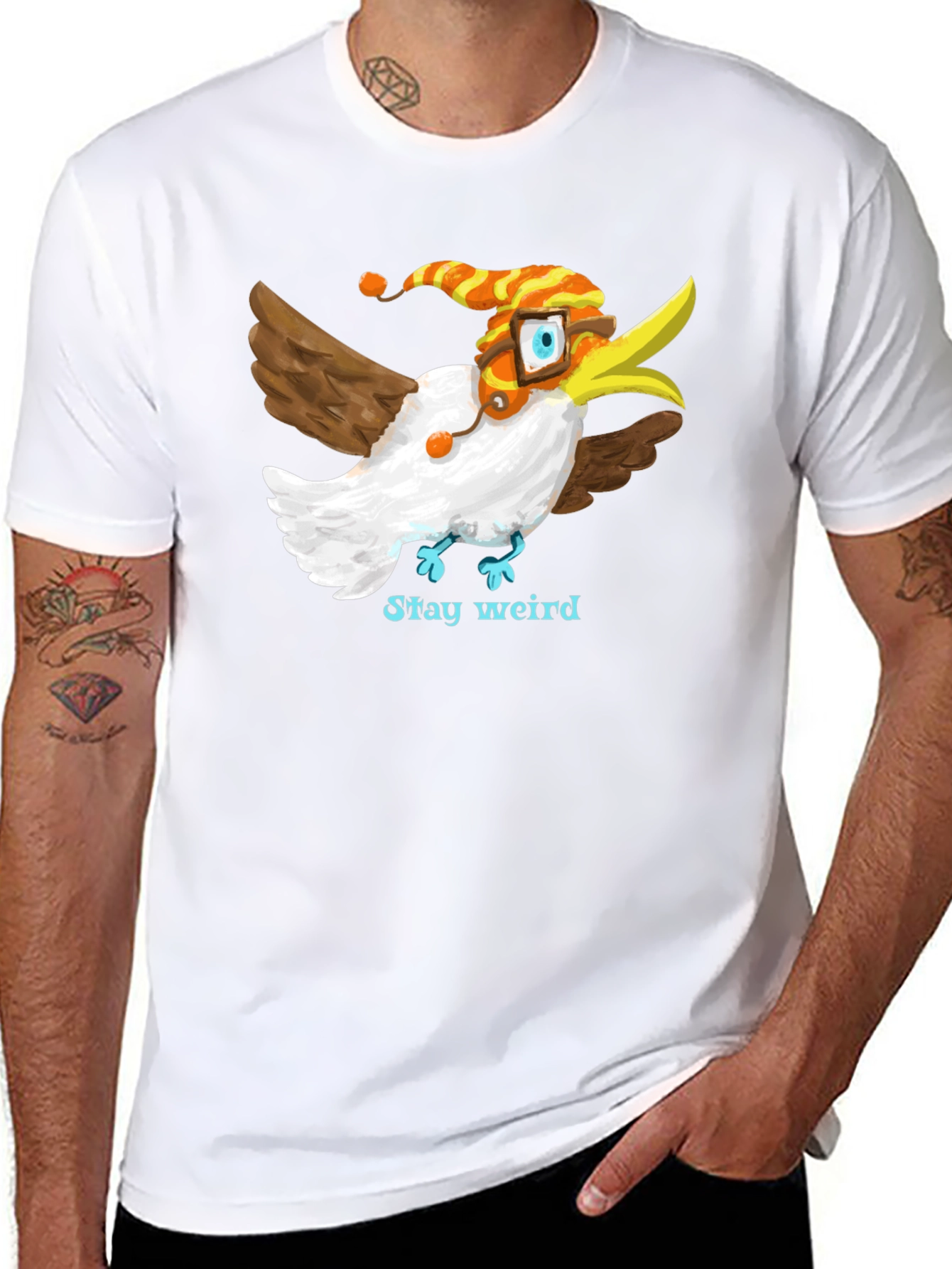 Camiseta Negra con Estampado de Pájaro Divertido