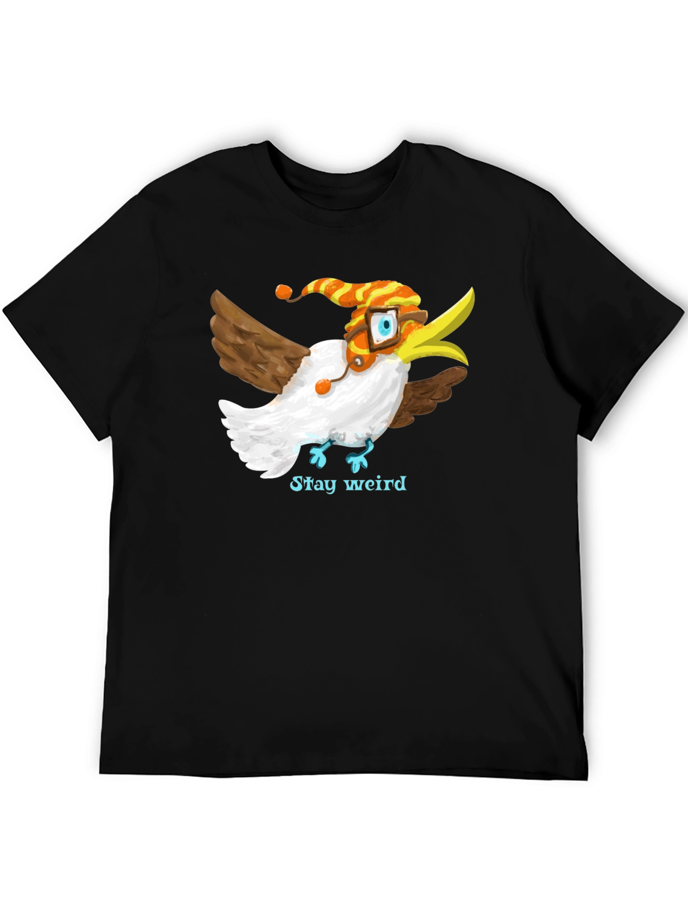 Camiseta Negra con Estampado de Pájaro Divertido