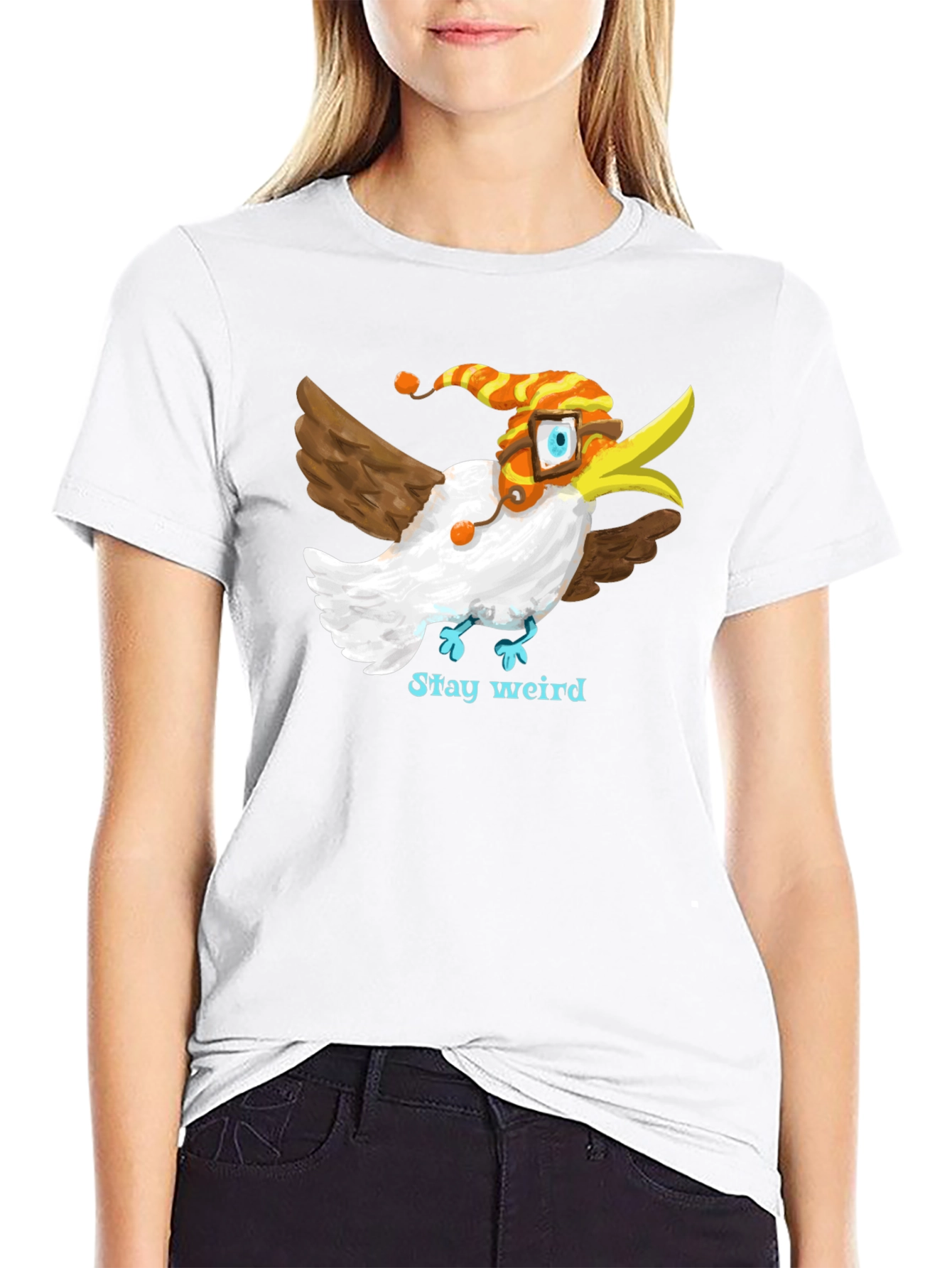 Camiseta Negra con Estampado de Pájaro Divertido