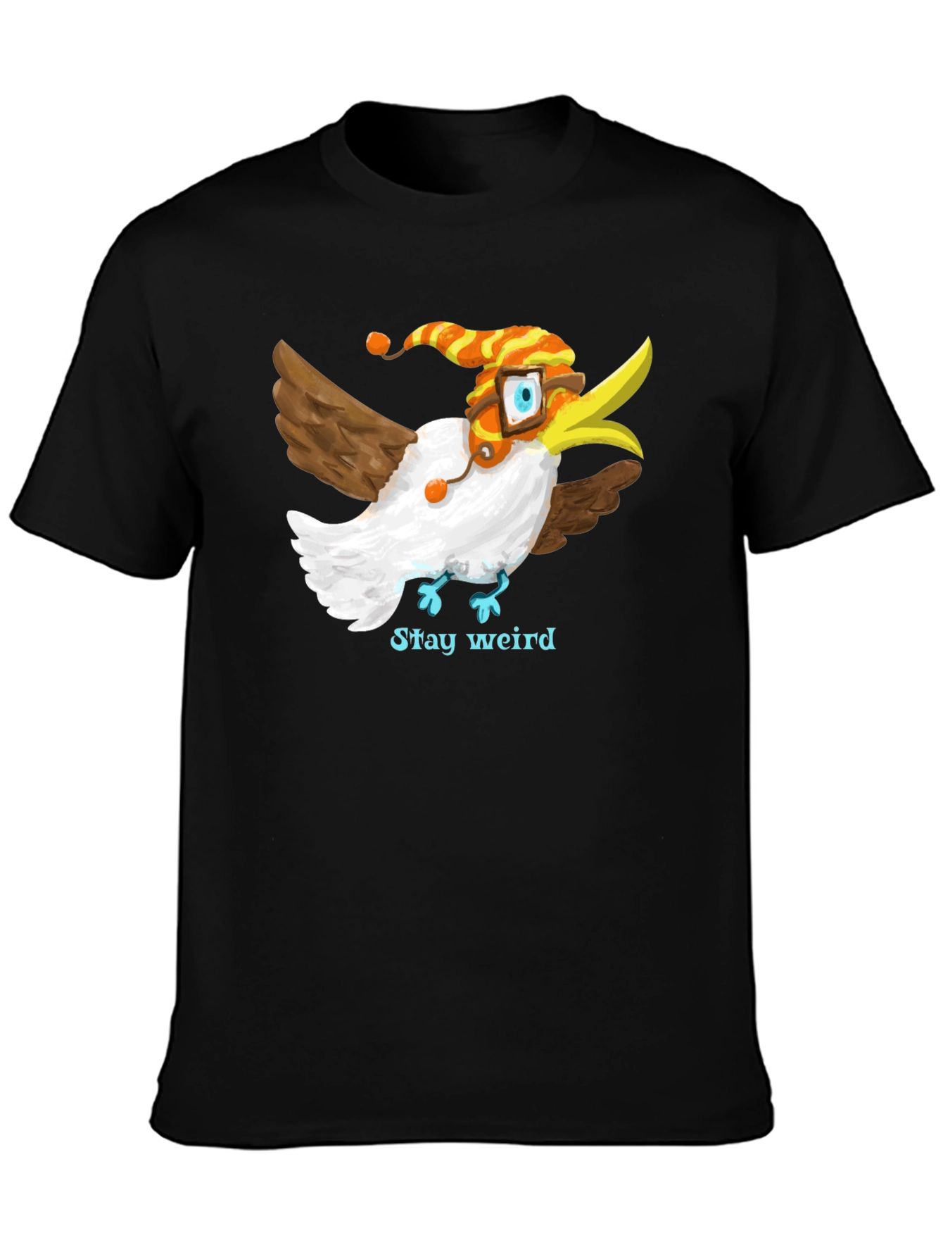 Camiseta Negra con Estampado de Pájaro Divertido