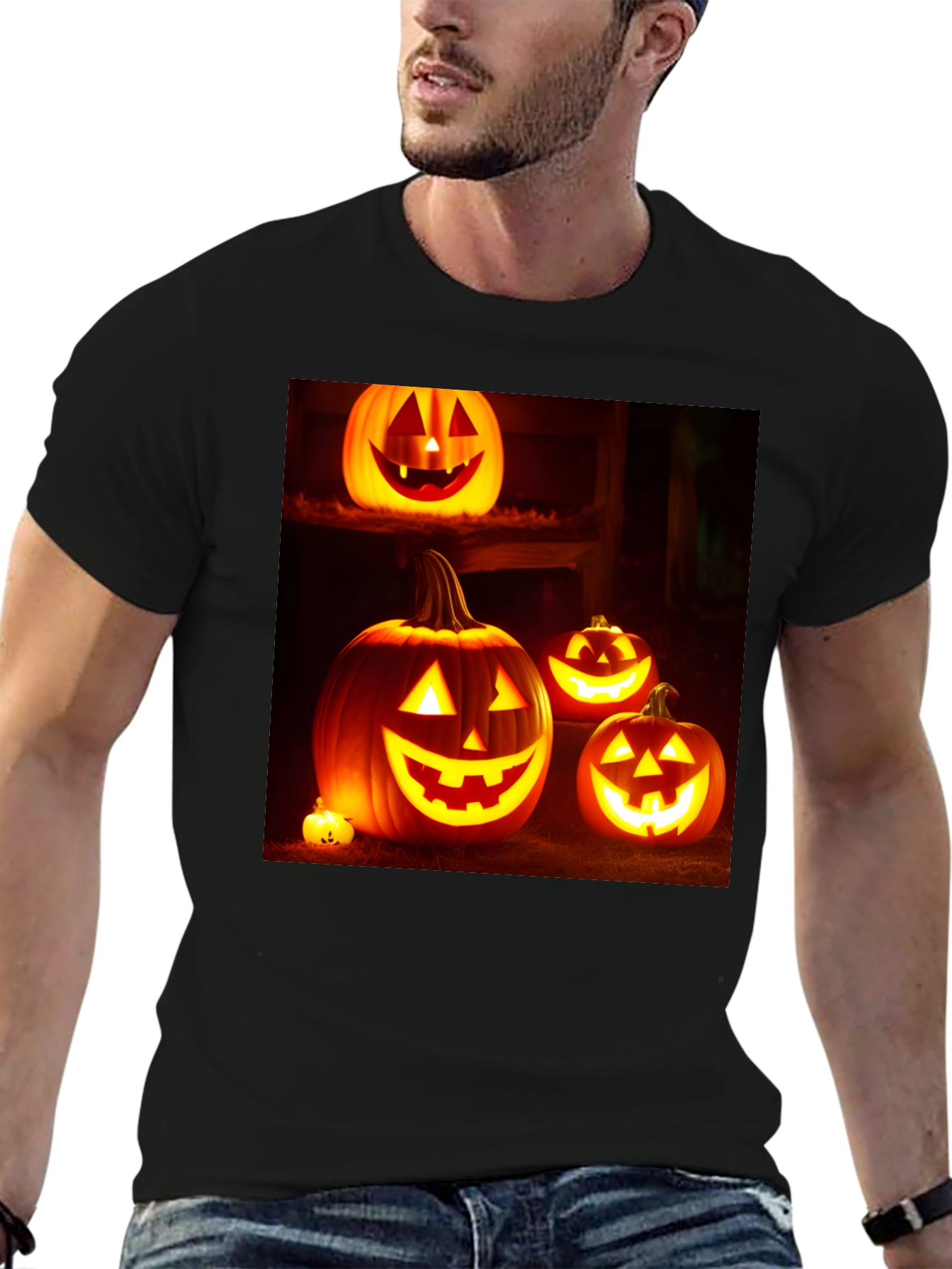 Camiseta Negra con Diseño de Calabazas Halloween