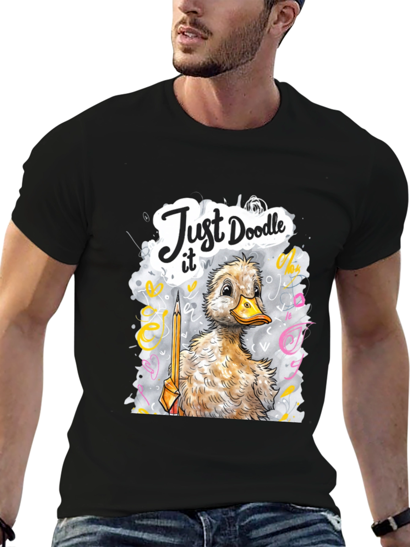 Camiseta Negra con Dibujo de Pato Doodle