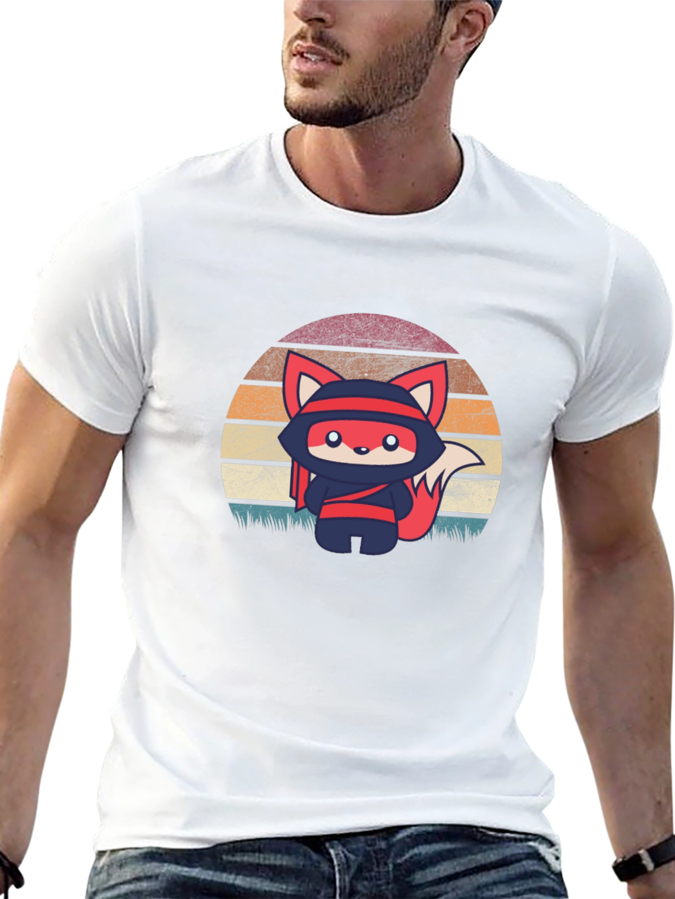 Camiseta Negra con Diseño de Zorro Ninja Retro