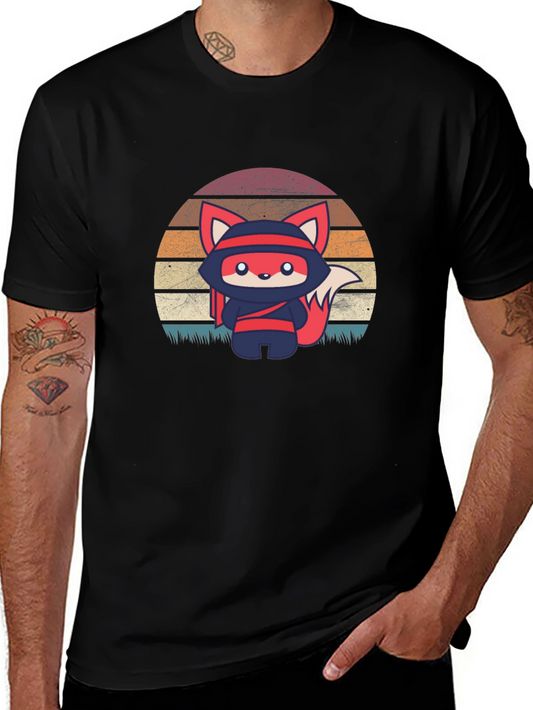 Camiseta Negra con Diseño de Zorro Ninja Retro