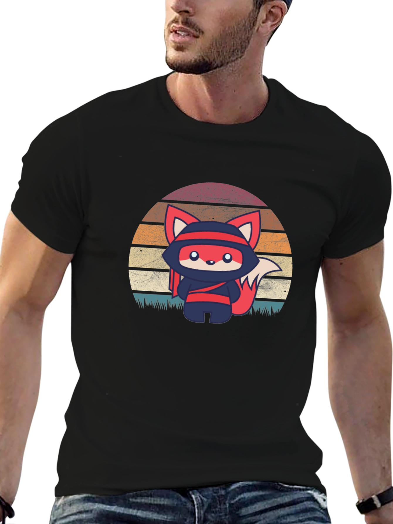 Camiseta Negra con Diseño de Zorro Ninja Retro