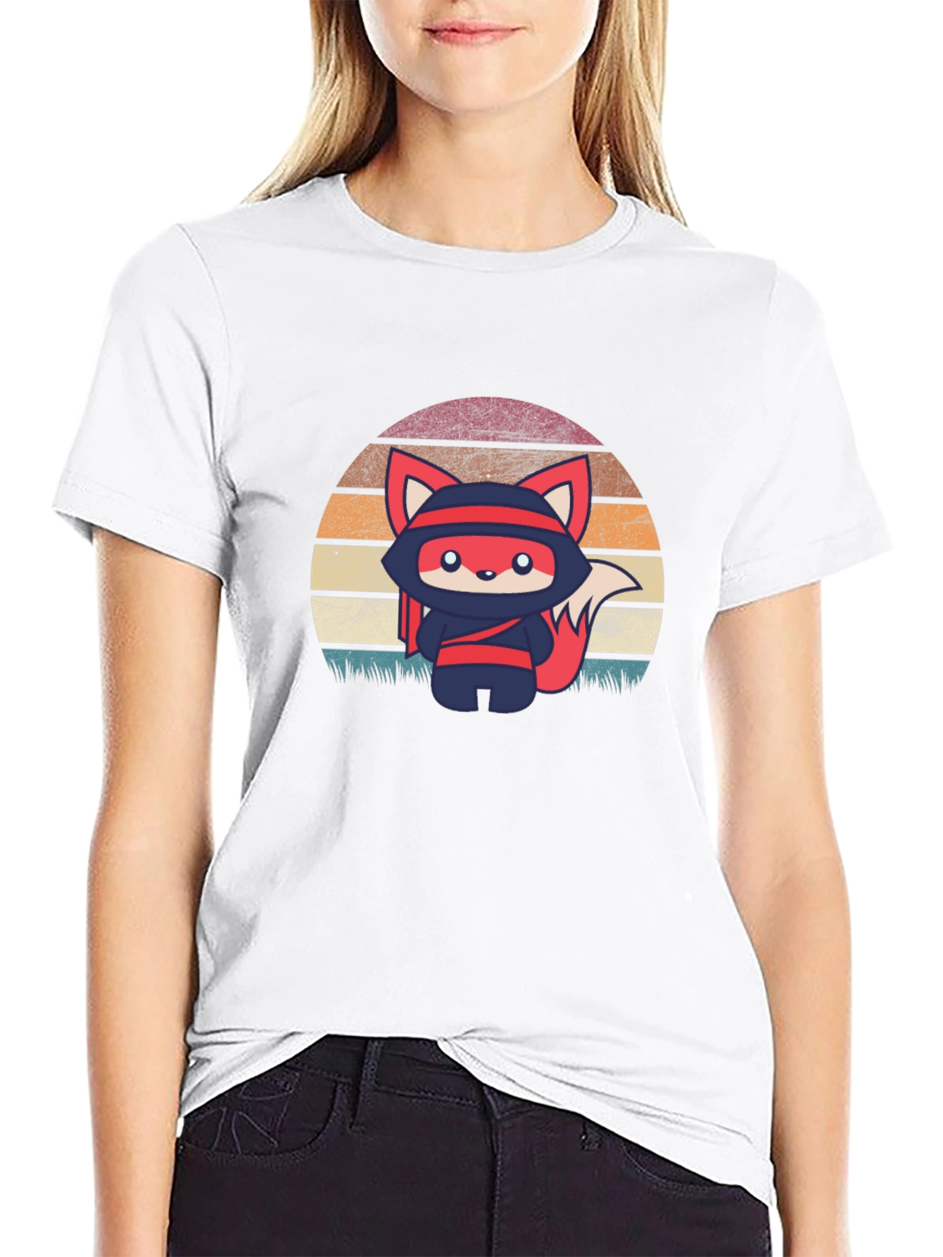 Camiseta Negra con Diseño de Zorro Ninja Retro