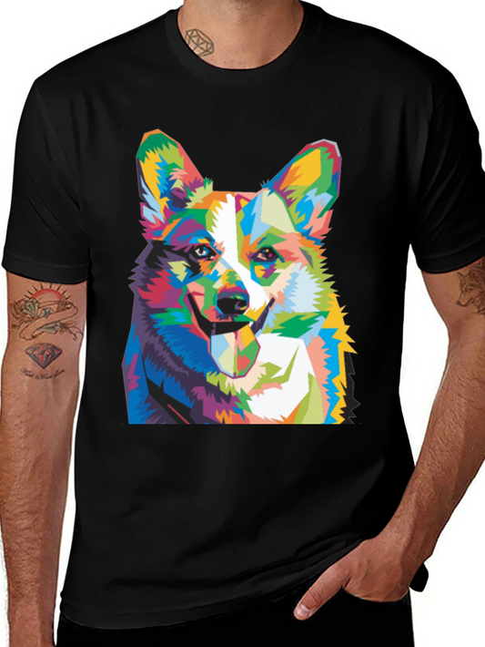 Camiseta Negra con Diseño de Perro Corgi Colorido