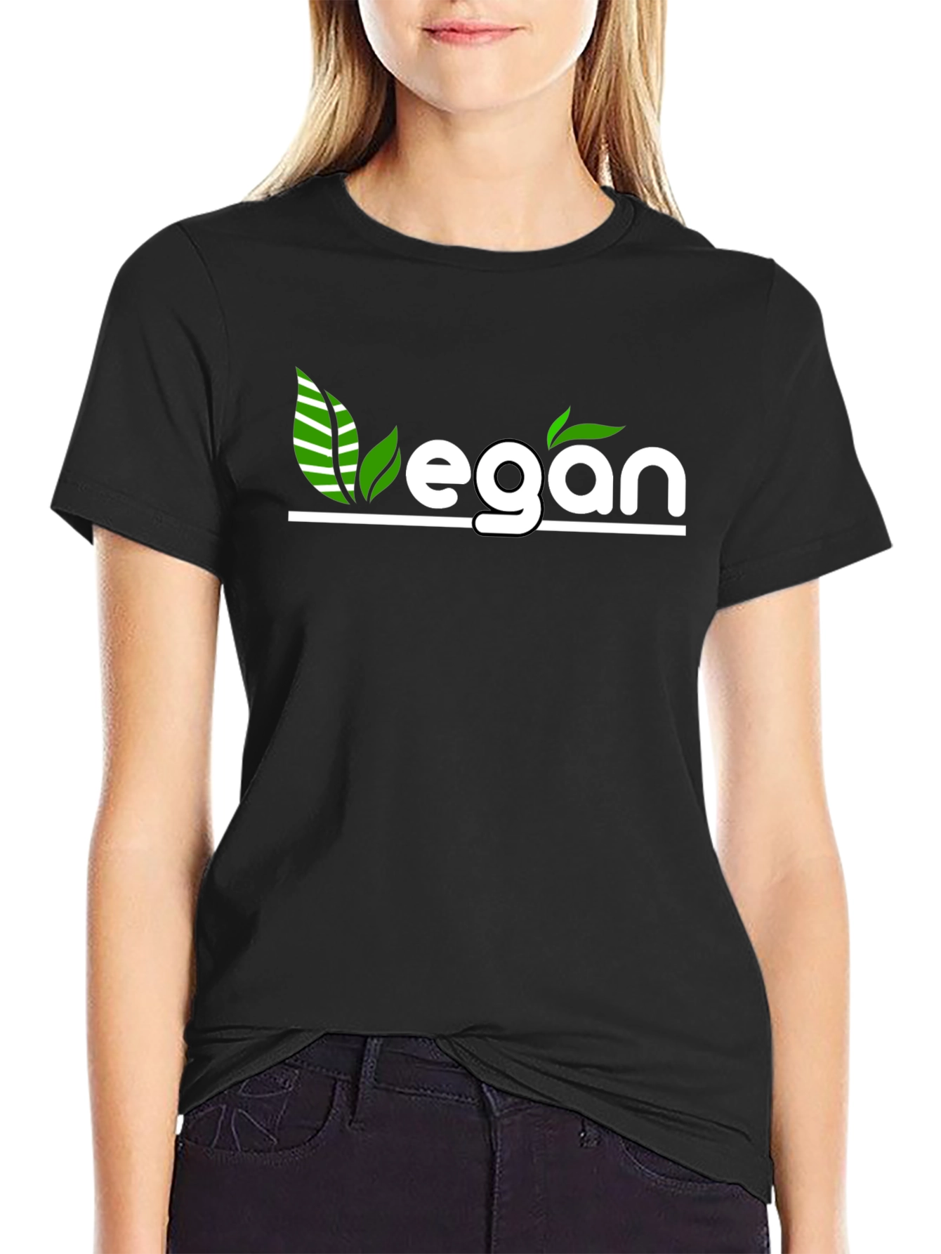 Camiseta Negra Vegana con Diseño de Hojas Verdes