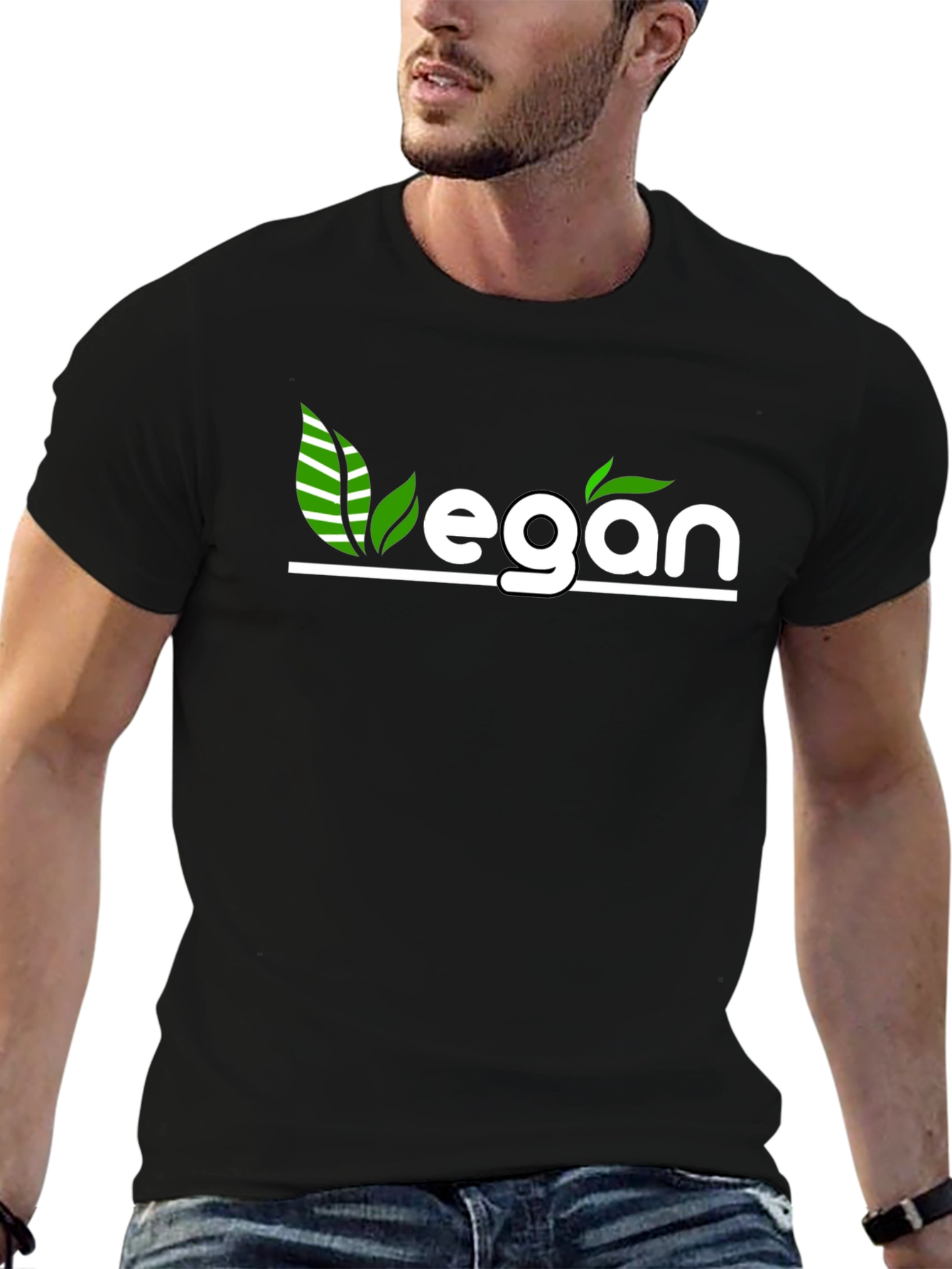 Camiseta Negra Vegana con Diseño de Hojas Verdes