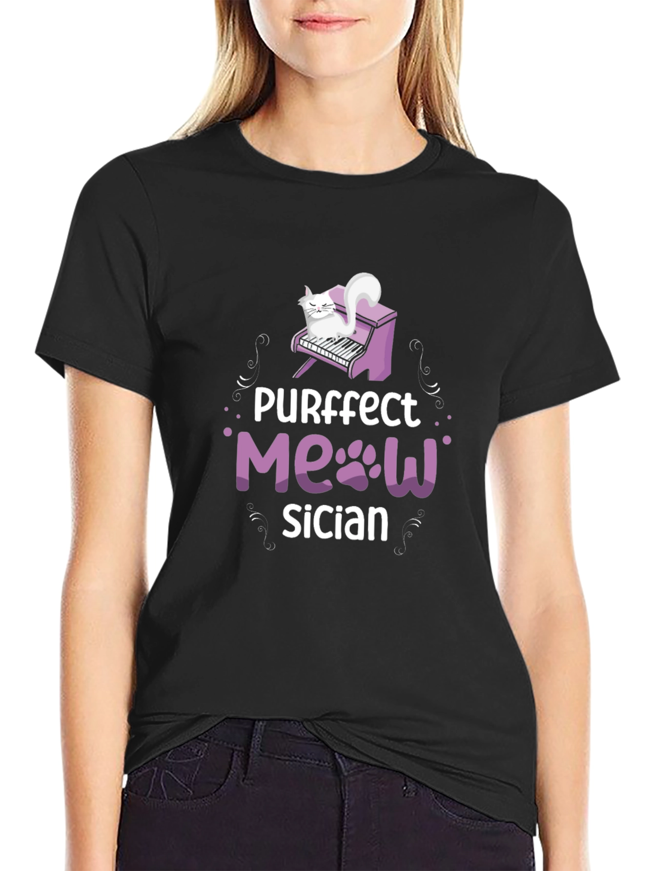 Camiseta Negra Purrfect Meowsician para Amantes de los Gatos