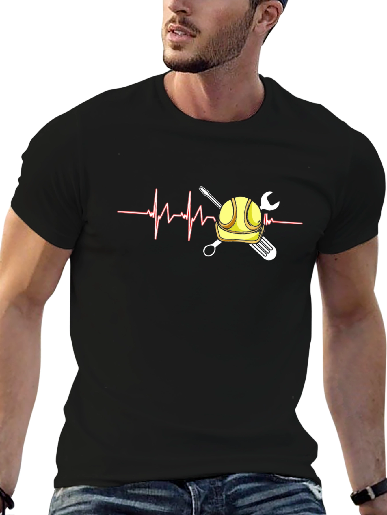 Camiseta Negra con Diseño de Latido de Ingeniero