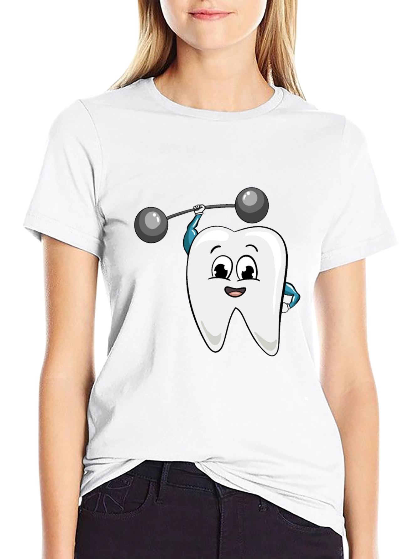 Camiseta Negra con Diseño de Diente Levantando Pesas