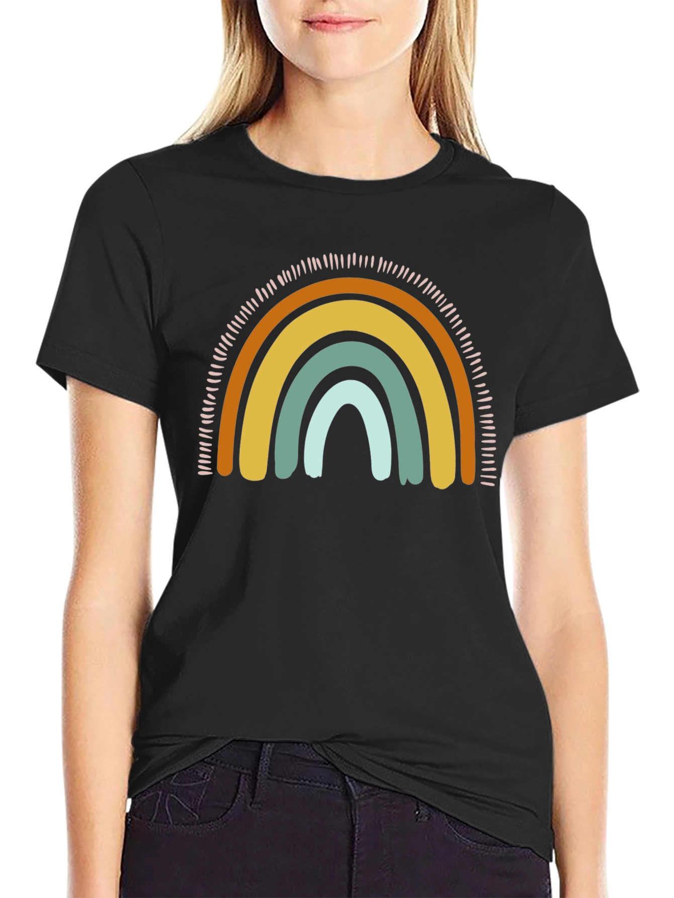 Camiseta Negra con Diseño de Arcoíris Boho