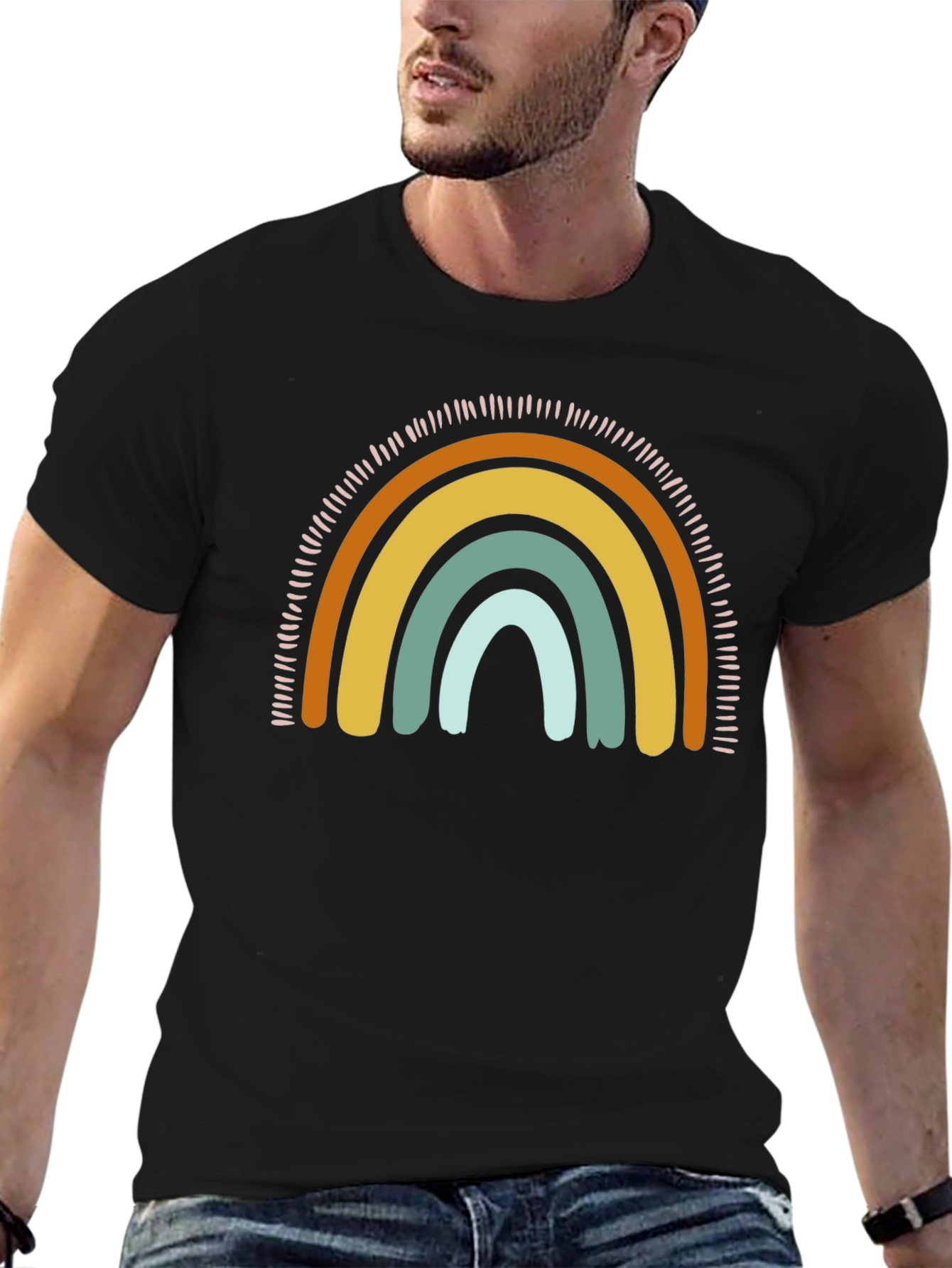 Camiseta Negra con Diseño de Arcoíris Boho