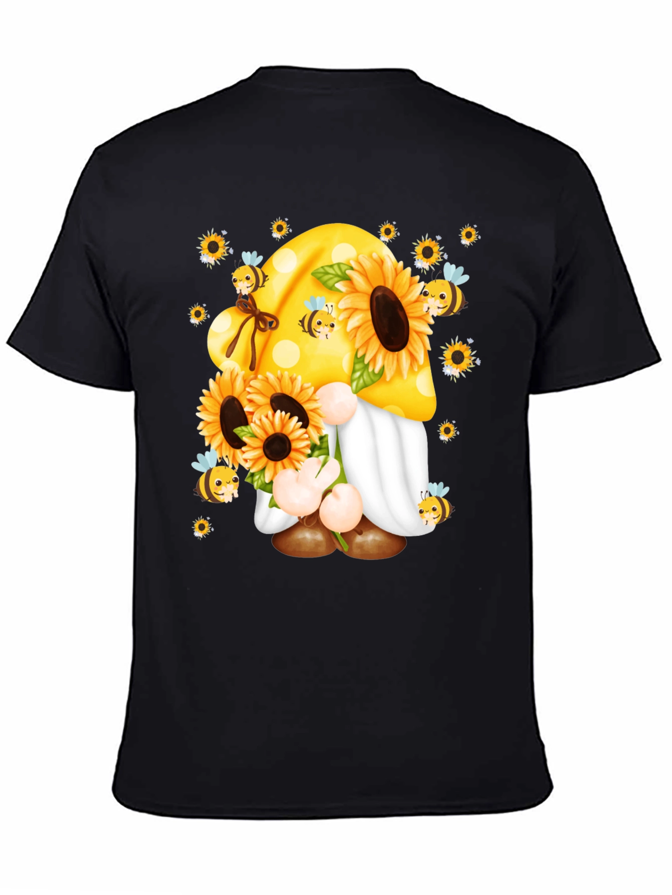 Camiseta Negra con Diseño de Gnomo y Girasoles