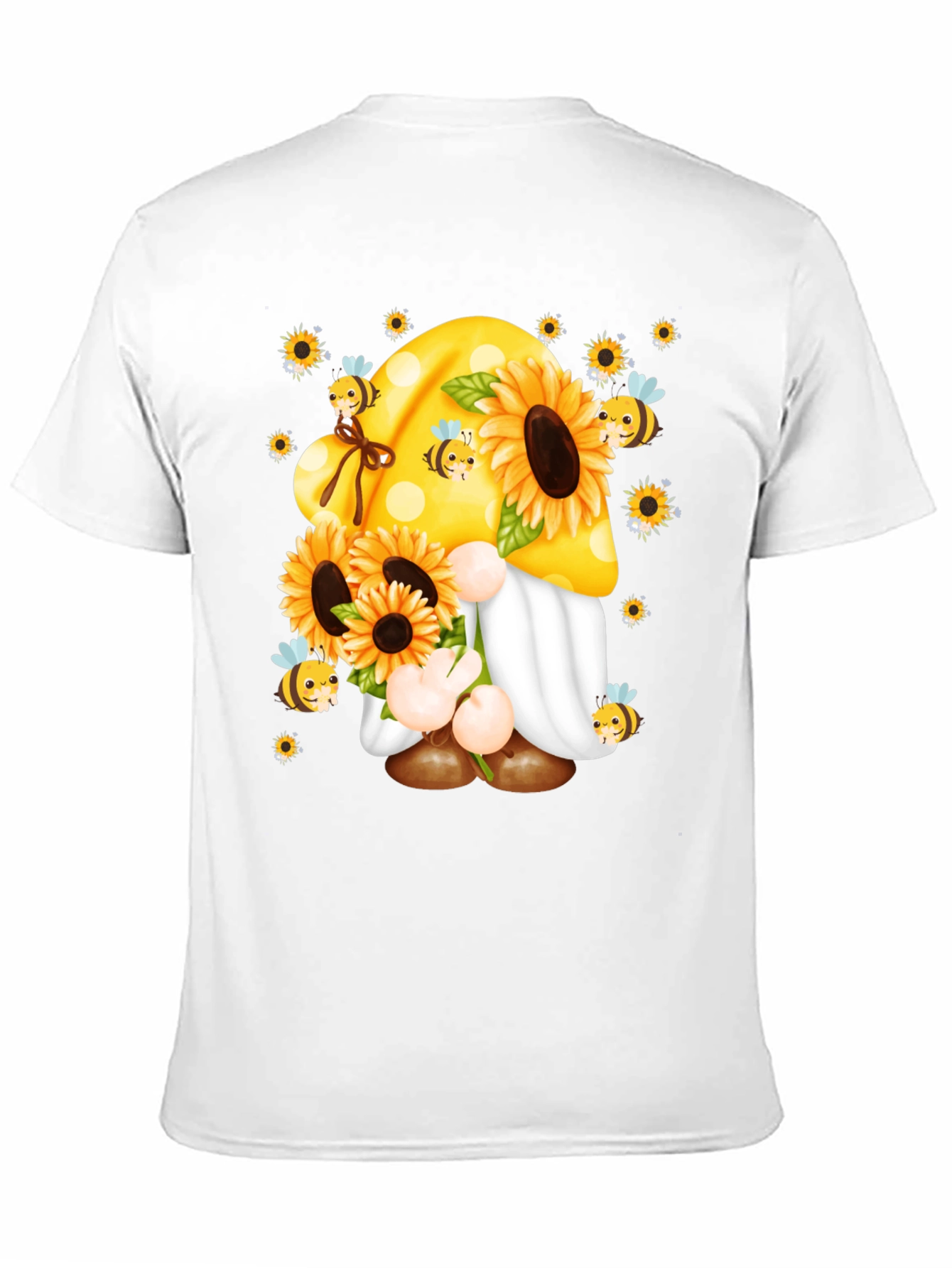 Camiseta Negra con Diseño de Gnomo y Girasoles
