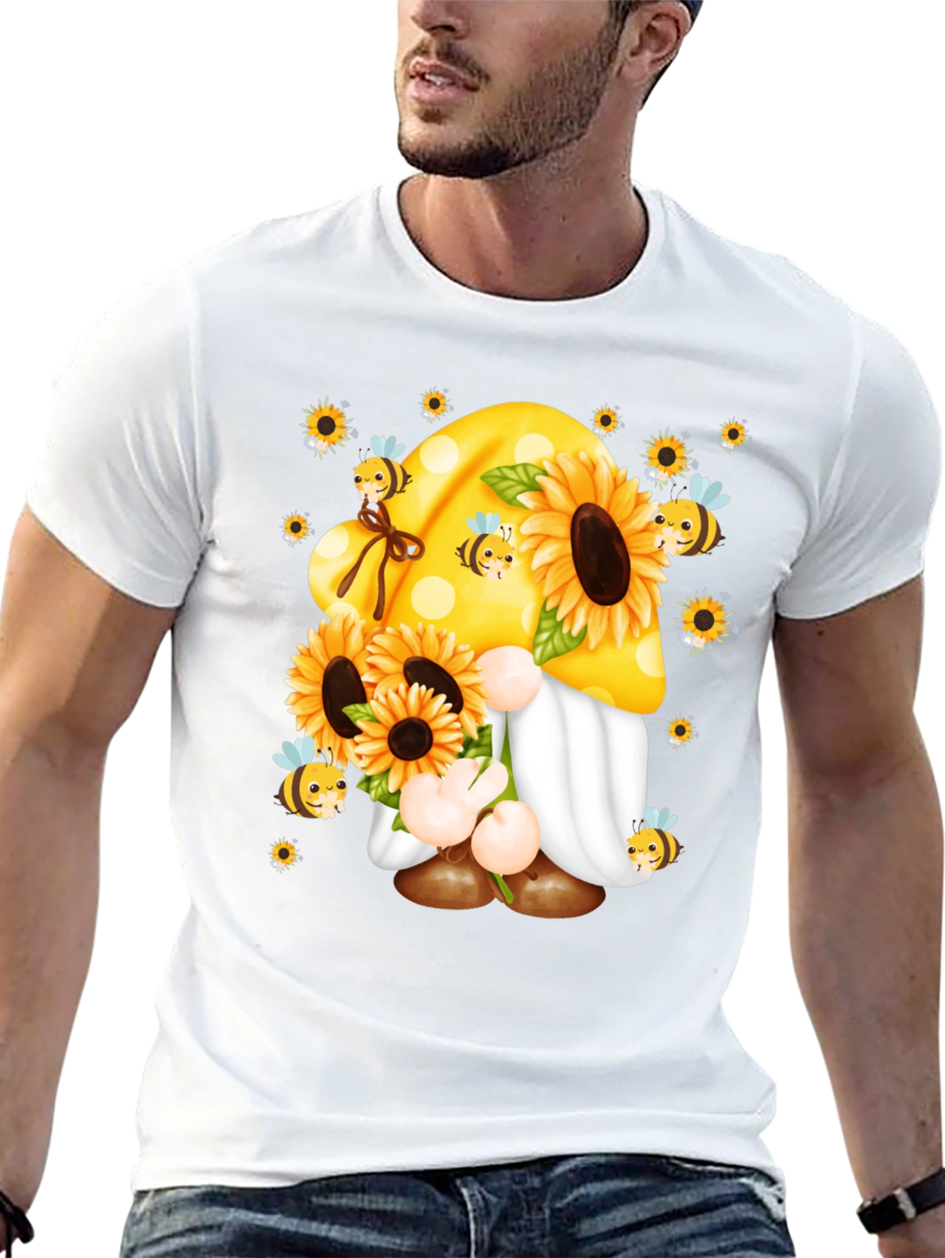 Camiseta Negra con Diseño de Gnomo y Girasoles