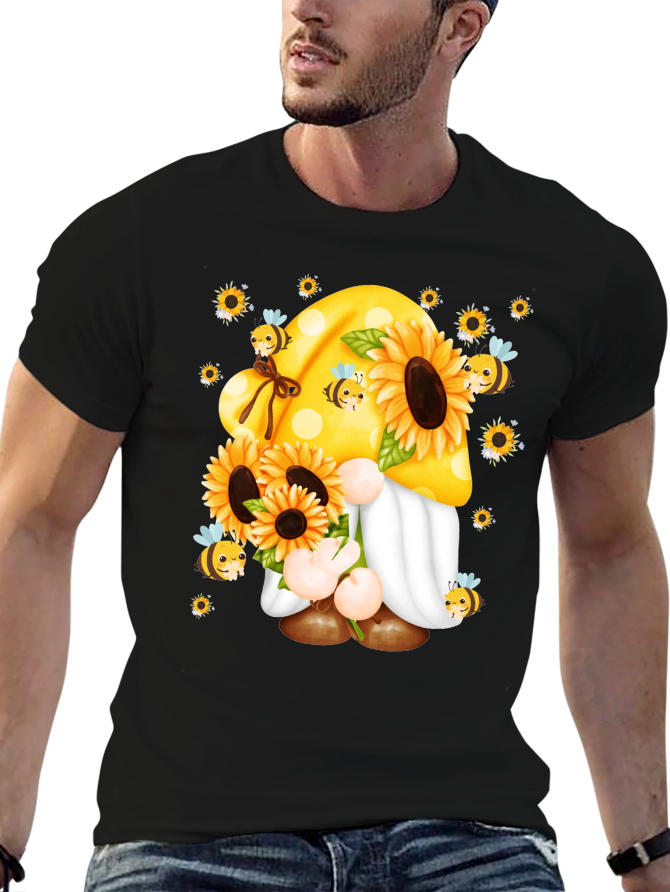 Camiseta Negra con Diseño de Gnomo y Girasoles