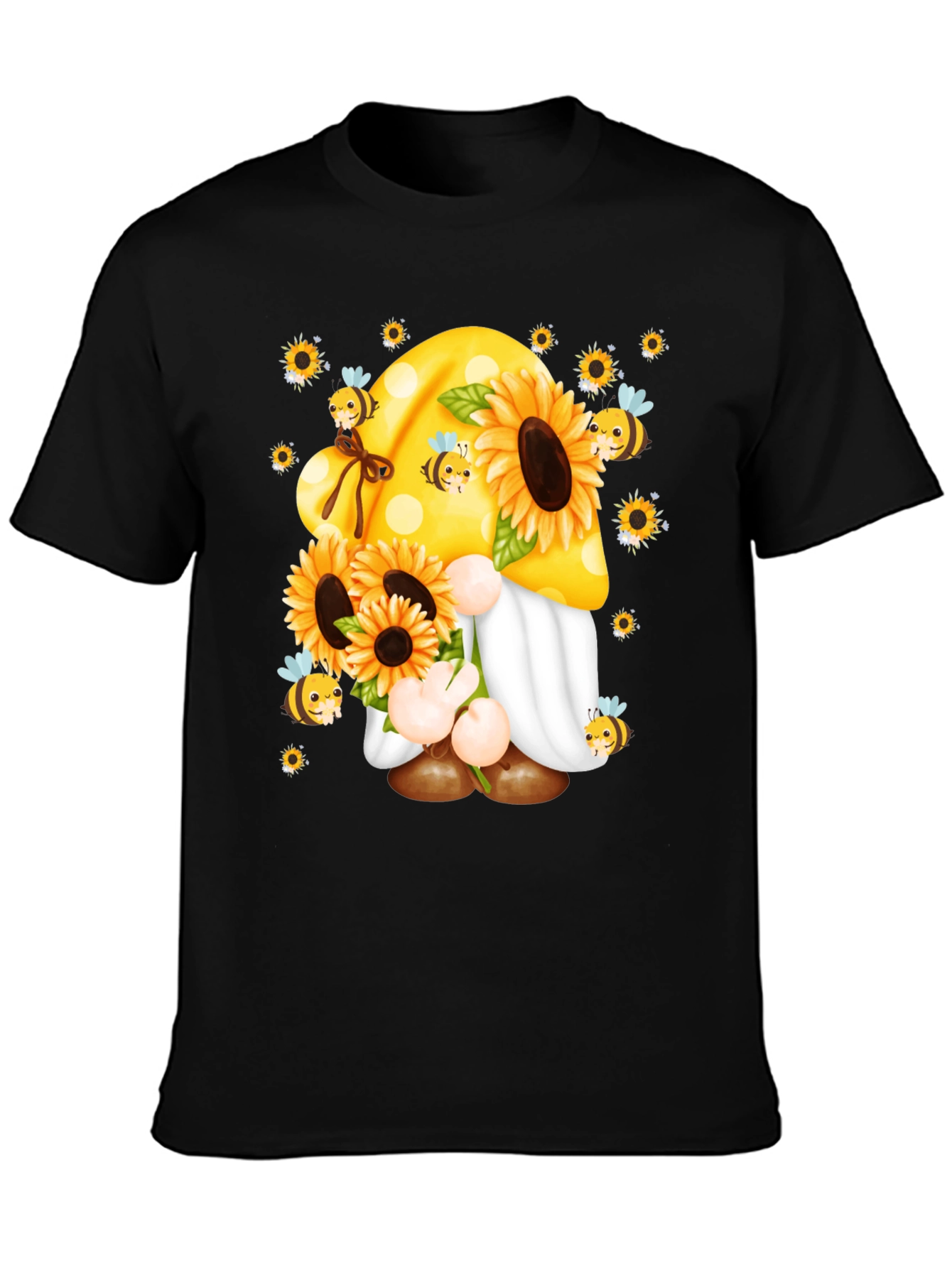 Camiseta Negra con Diseño de Gnomo y Girasoles