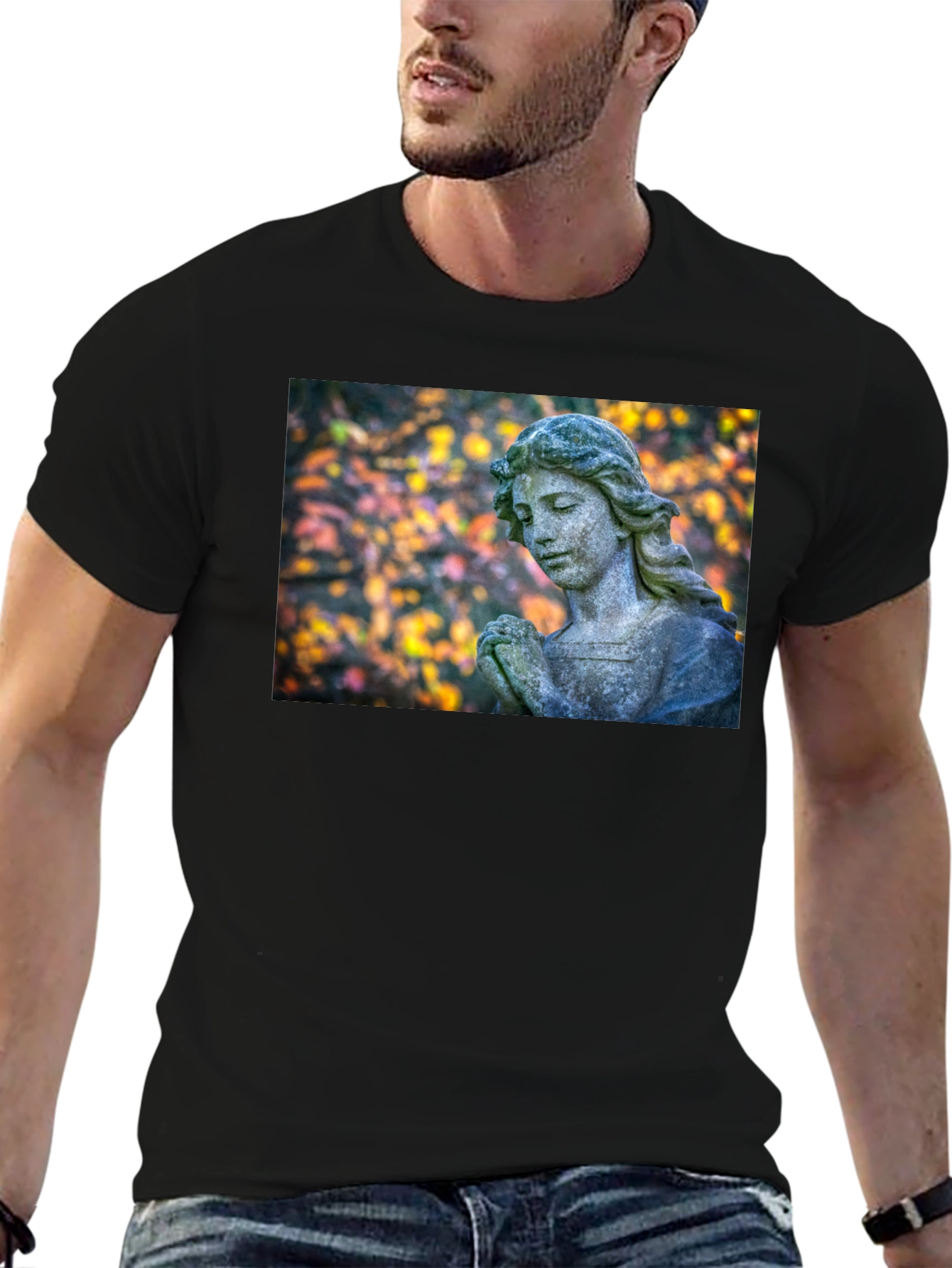 Camiseta Negra con Estatua de Ángel Praying