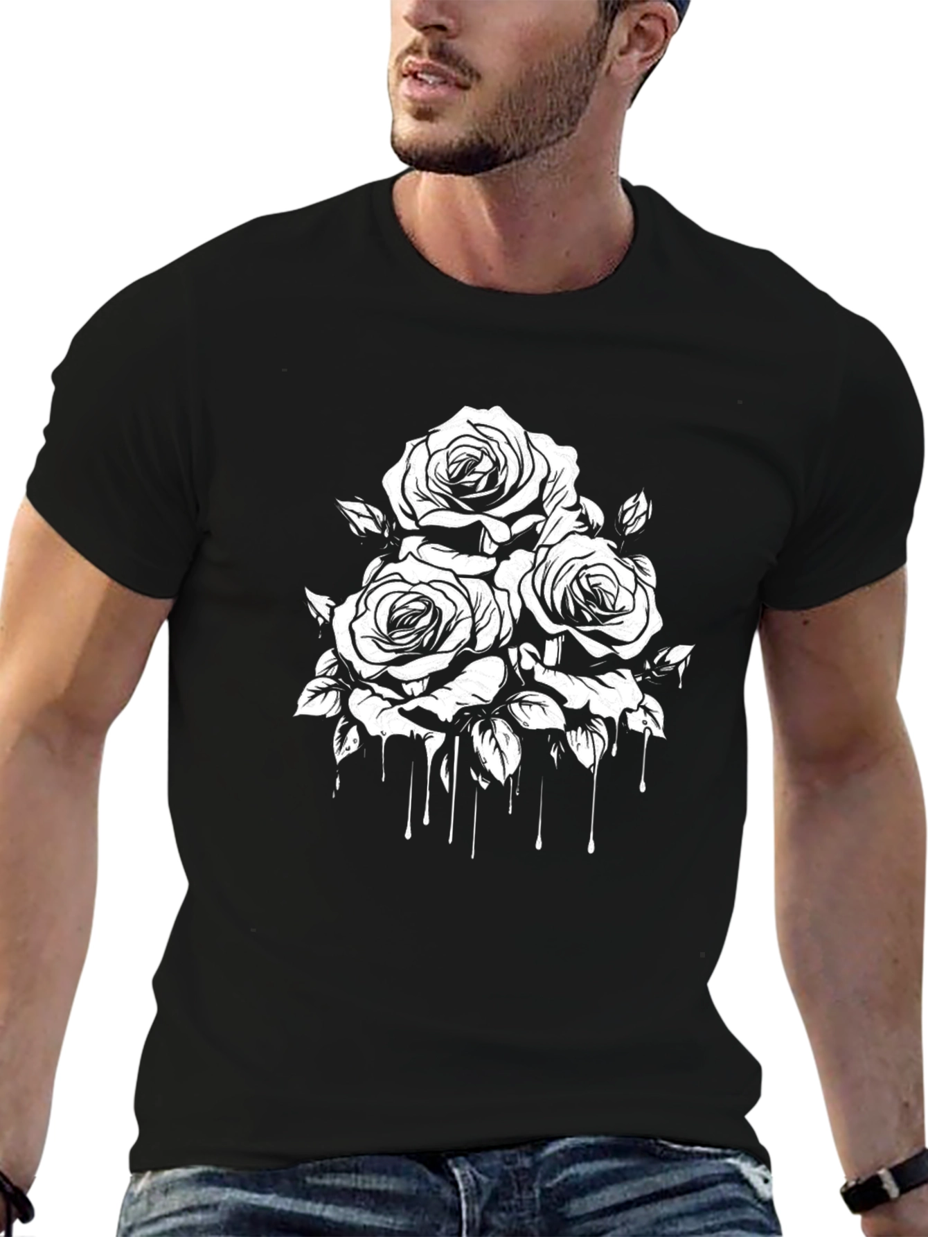 Camiseta Negra con Diseño Floral Blanco