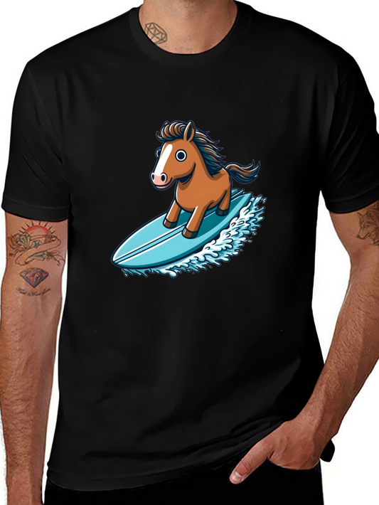 Camiseta Negra con Diseño Divertido de Caballo Surfista