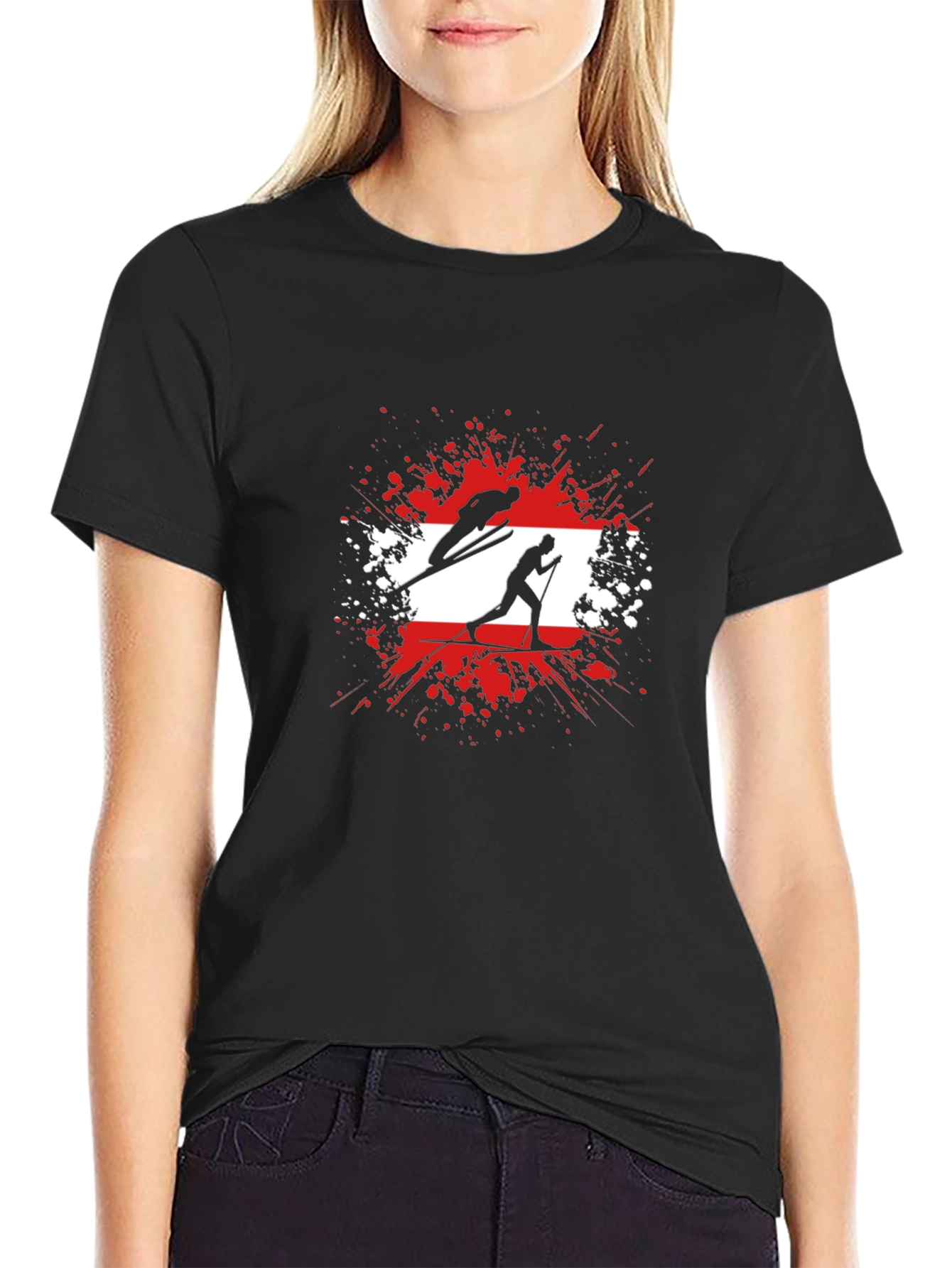 Camiseta Negra con Diseño de Esquí Austriaco