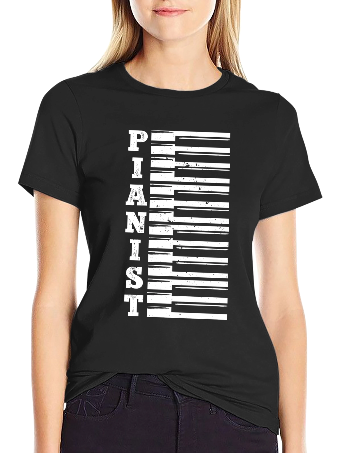 Camiseta Negra Pianista Diseño Teclas de Piano