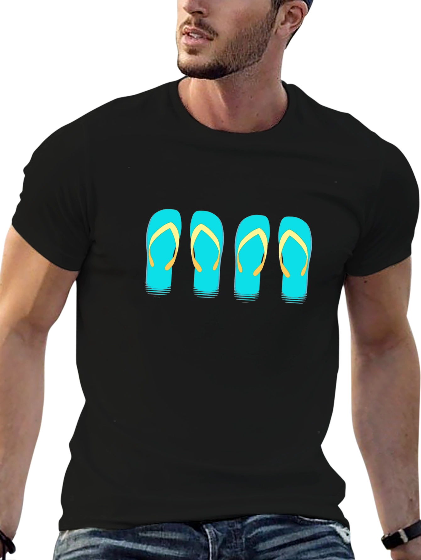 Camiseta Negra con Diseño de Chanclas Turquesa