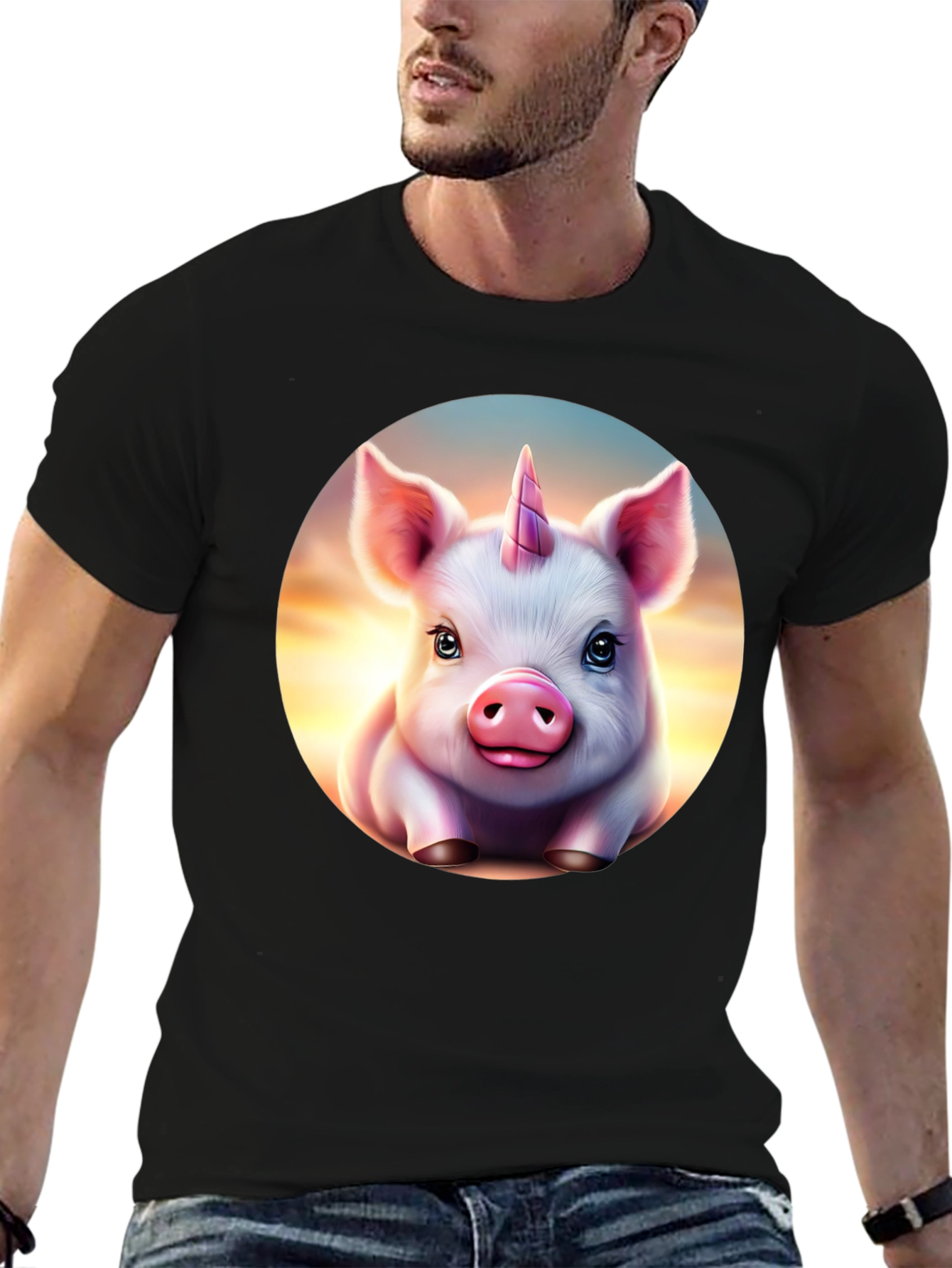 Camiseta Negra con Cerdo Unicornio Animado