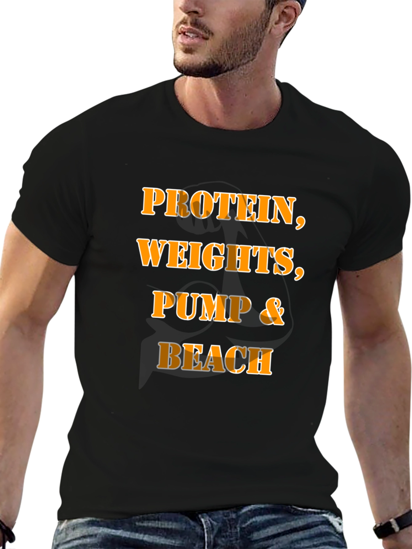 Camiseta Hombre Negra: Proteína Pesas Bombeo & Playa