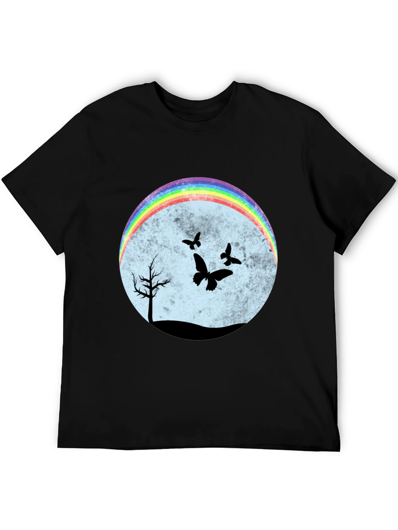 Camiseta Negra con Diseño de Arcoíris y Mariposas