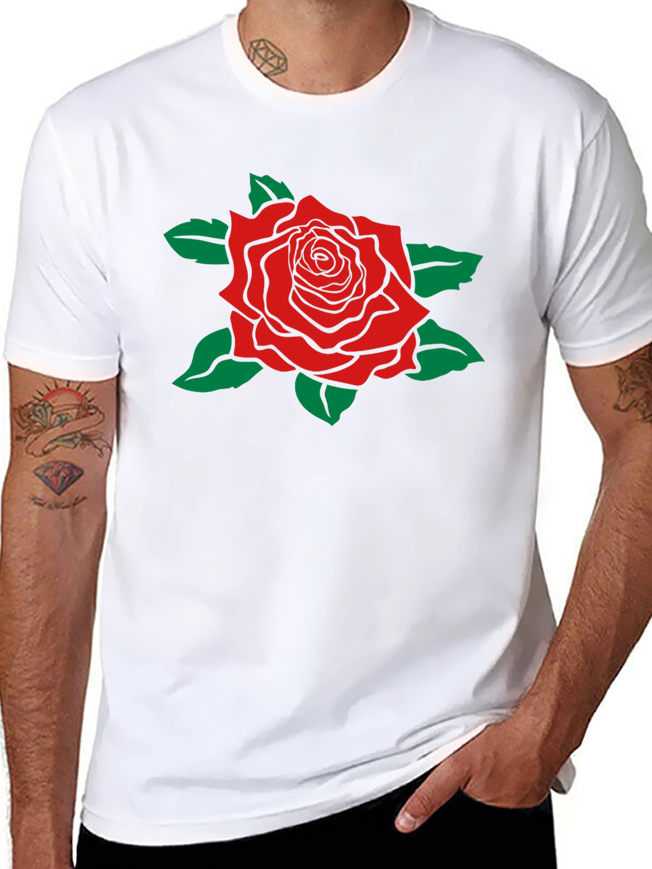 Camiseta Negra con Rosa Roja Estilizada